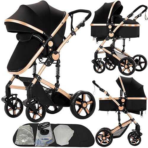 Miniatura 12 de Nine point nine Cochecito de bebé 2 en 1 de piel sintética, cochecito convertible reversible plegable con un solo clic, cochecitos de viaje para 2