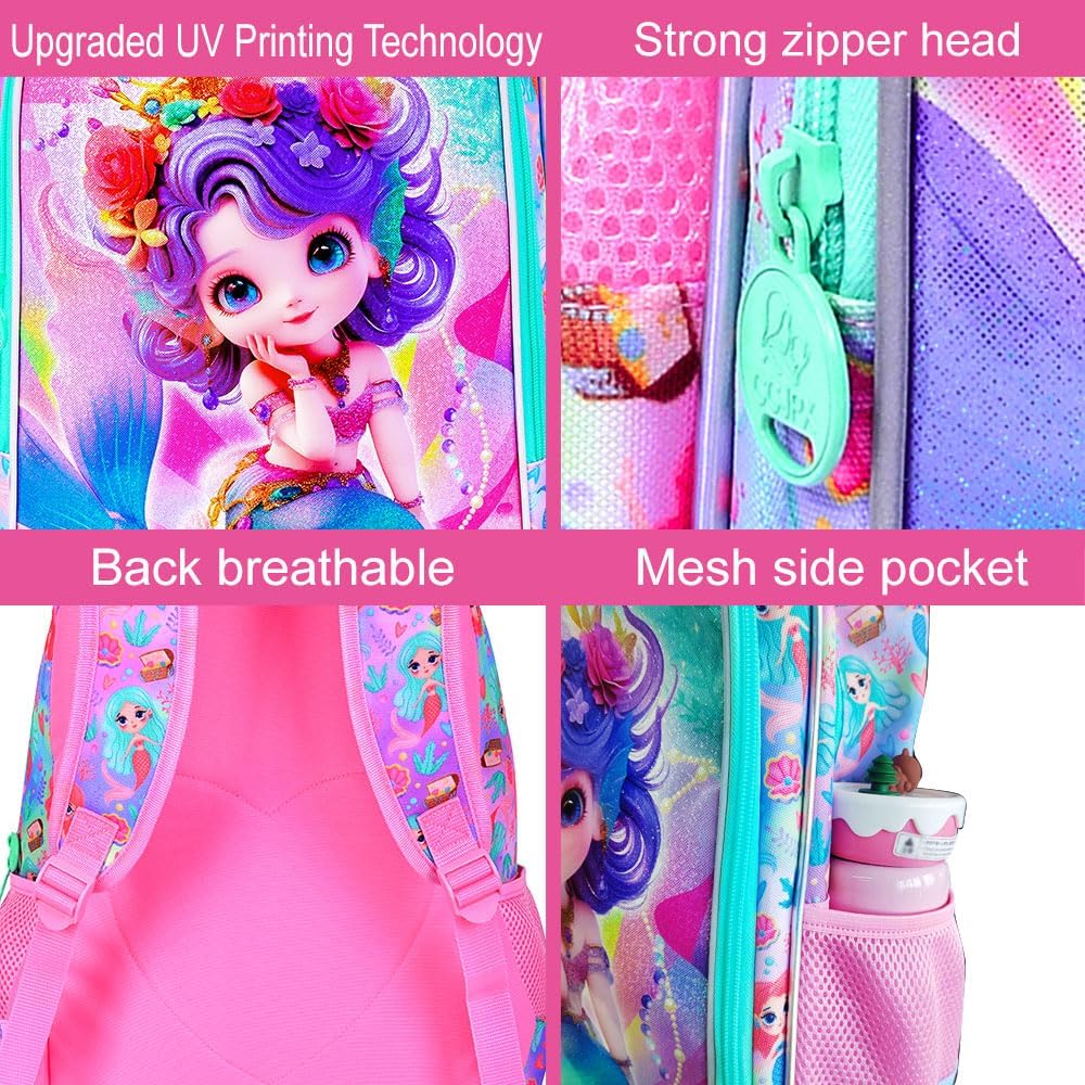Mermaid Backpack, 16" Girls Kids Bookbag with Lunch Box,3Pcs School Backpacks for Elementary Preschool Kindergarten (Pink) - Image 8