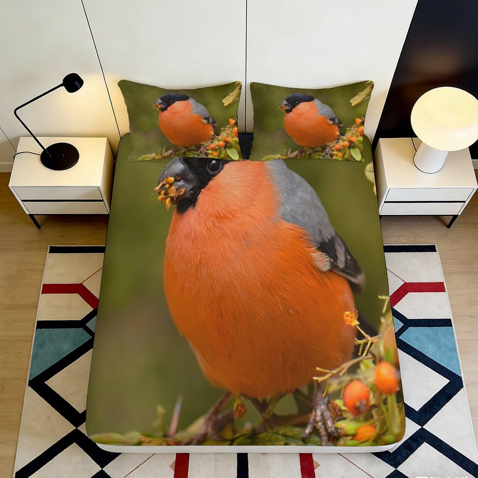 3D Printed Orange Bird Fitted Sheet Microfiber Deep Pocket Bedroom Non-Slip Elastic Hem Orange Bird Mattress Fitted Cover 140x200x25cm