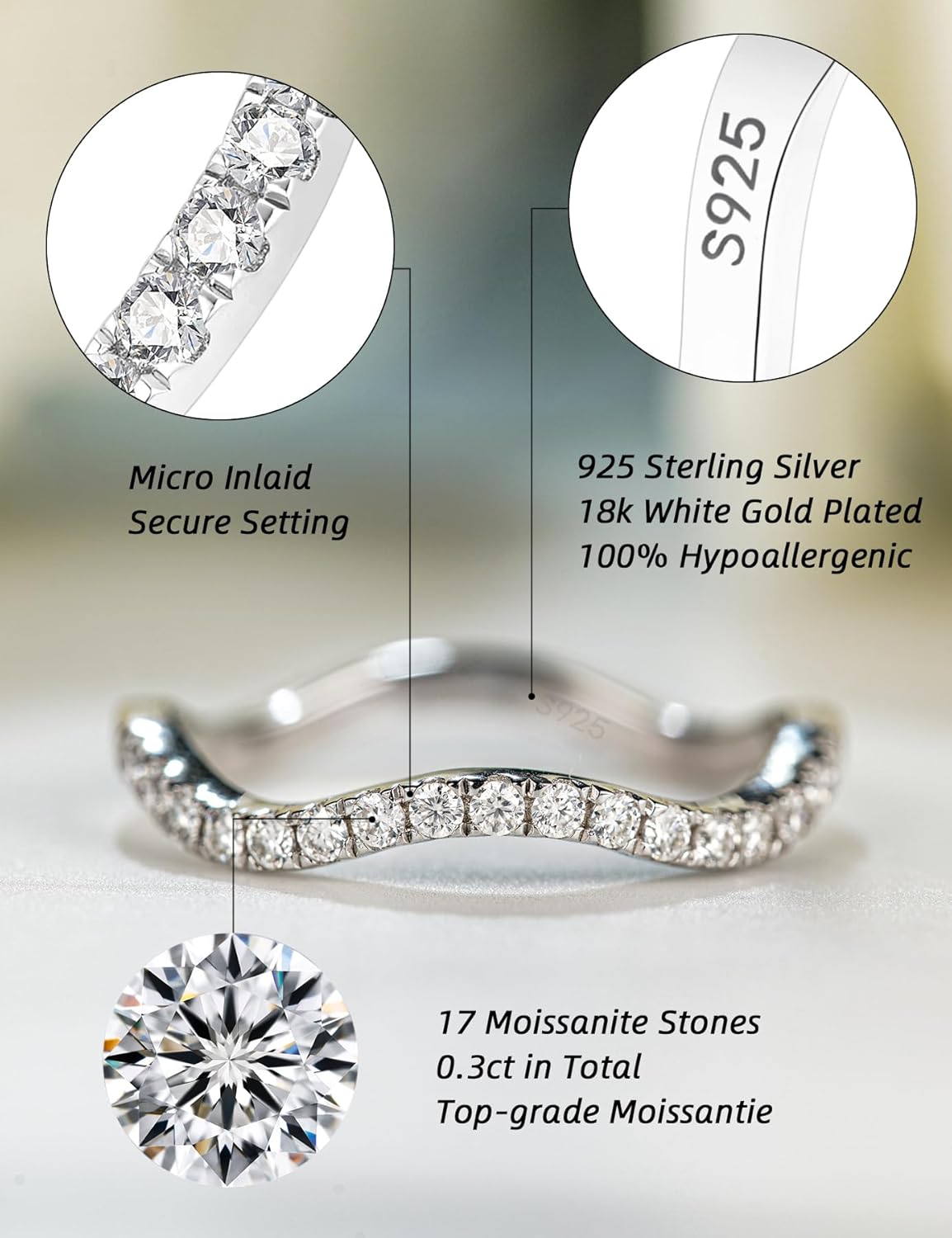 IMOLOVE Moissanite Wedding Bands for Women, Simple Trendy 0.3 Carat Silver Eternity Wedding Band Fashion Moissanite Stackable Rings for Women with 18K White Gold Plated Size 5-11 - Image 2