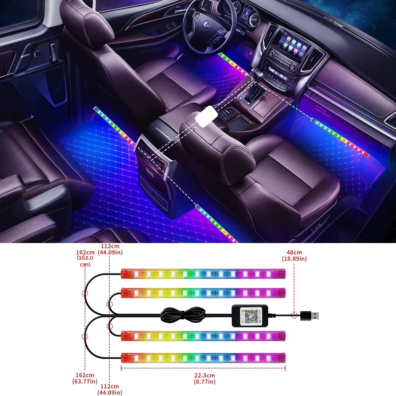Luces LED Coche, 16 Millones de Colores de DIY con Modo de Escena y Música, Control de App LED Coche Interior, Hombres Mujeres (RGBIC)
