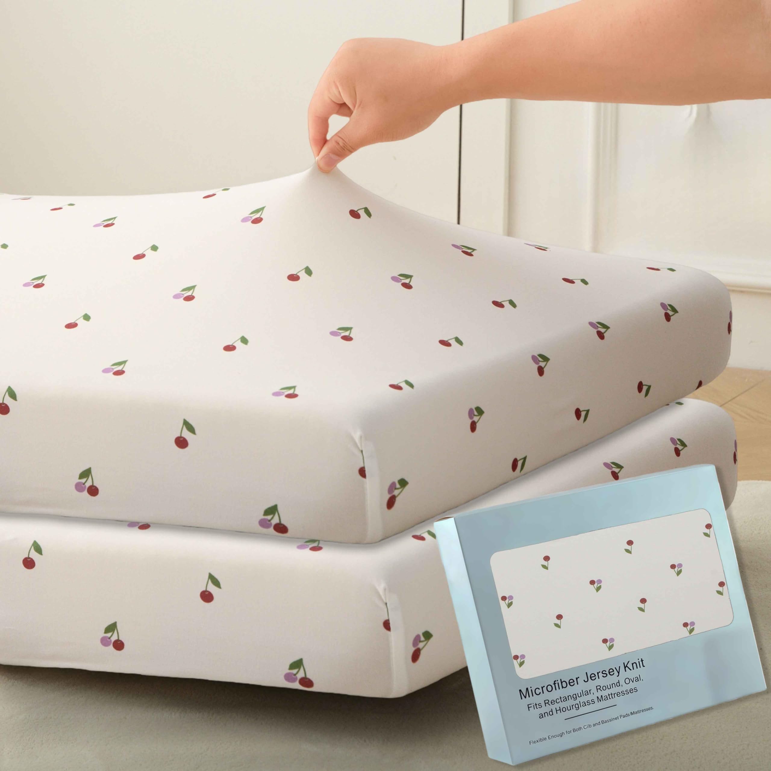 SDY Paquete de 2 sábanas para cuna para niños y niñas, sábana bajera ajustable de jersey suave, bonita sábana de colchón estampada para cuna de 52 x 28 x 8 pulgadas (cereza)
