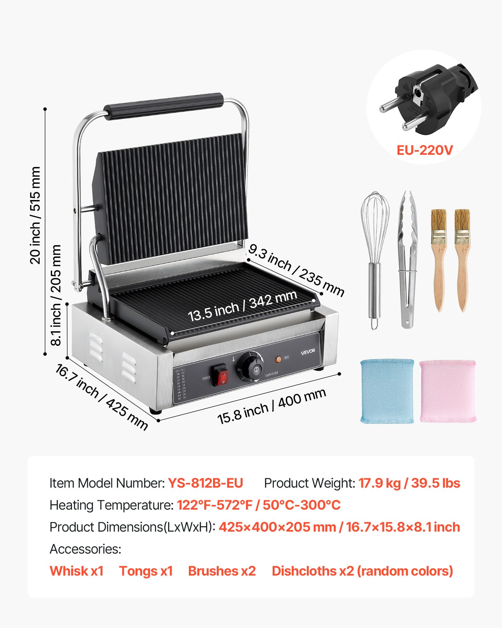 VEVOR Piastra Elettrica per Panini Professionale, 2200 W, in Acciaio Inox con Maniglia e Controllo della Temperatura, Piastra Smaltata Scanalata Completa da 34 x 23 cm, per Bistecche, Pancetta