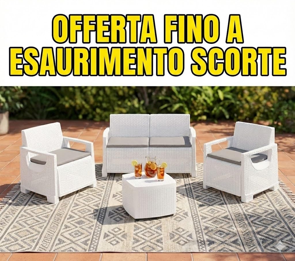 CRISCUOLO Set Bellagio Salotto da Giardino 4 Posti in Resina Effetto Rattan BIANCO - Include Divano 2 Posti, 2 Poltrone, Tavolino e Cuscini - Arredo Esterno per Terrazzo, Veranda e Piscina