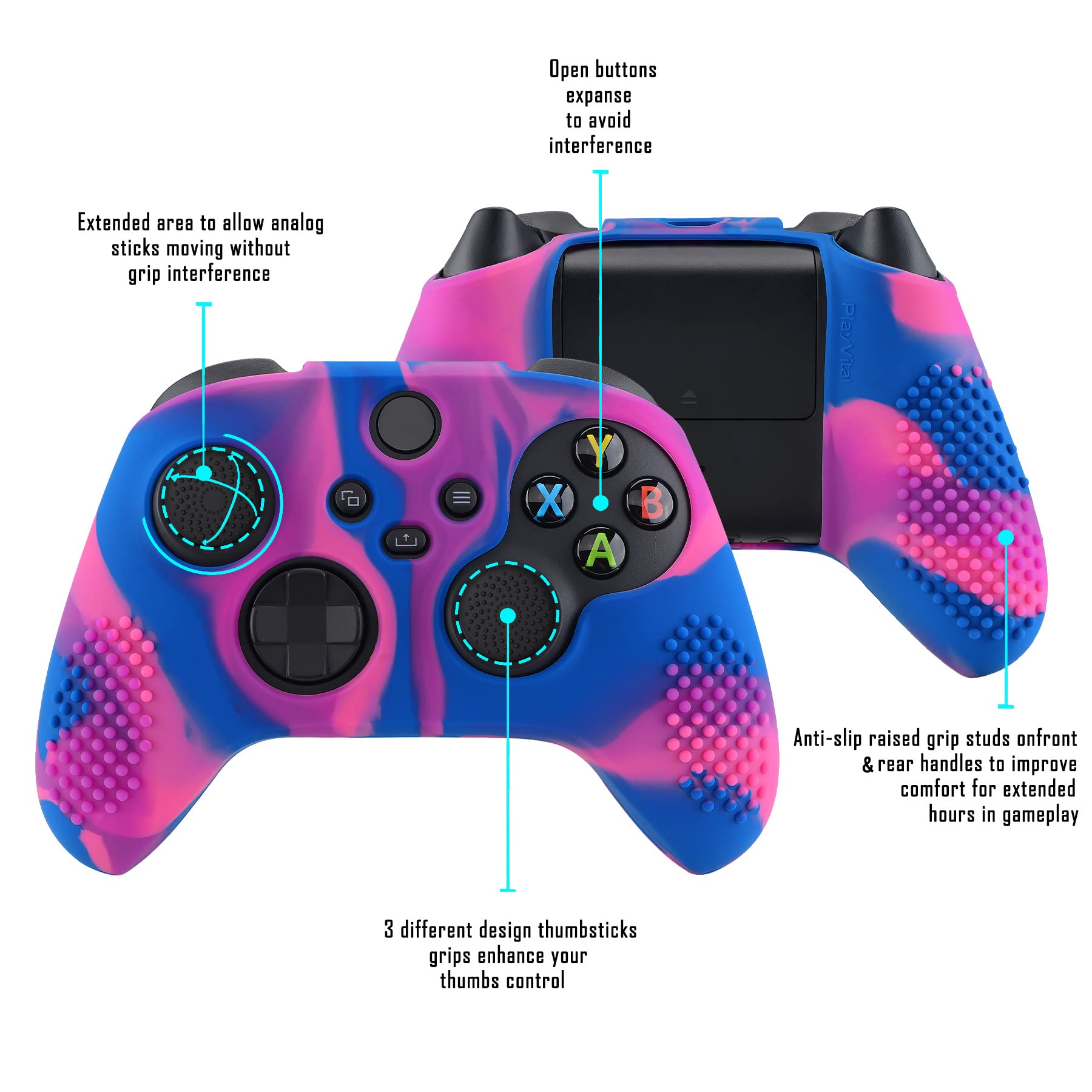 eXtremeRate PlayVital Cover Skin per Xbox Series X S Controller Joystick Custodia Protettiva Silicone Gomma Antiscivolo con 6 Copri Levette Analogiche(3D Borchiate Edizione)-Rosa Viola Blu
