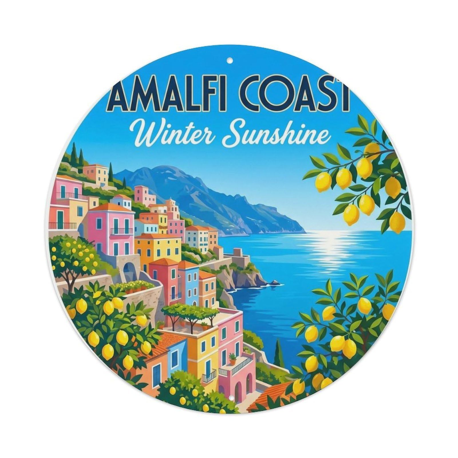 Mediterranean Shore Winter Clear Retro Travel Heritage Metal Tin Sign Plaque Wall Decor for Cafe, Man Cave, Club Bar, Office, Home Garden Round Metal Poster 8x8Inch