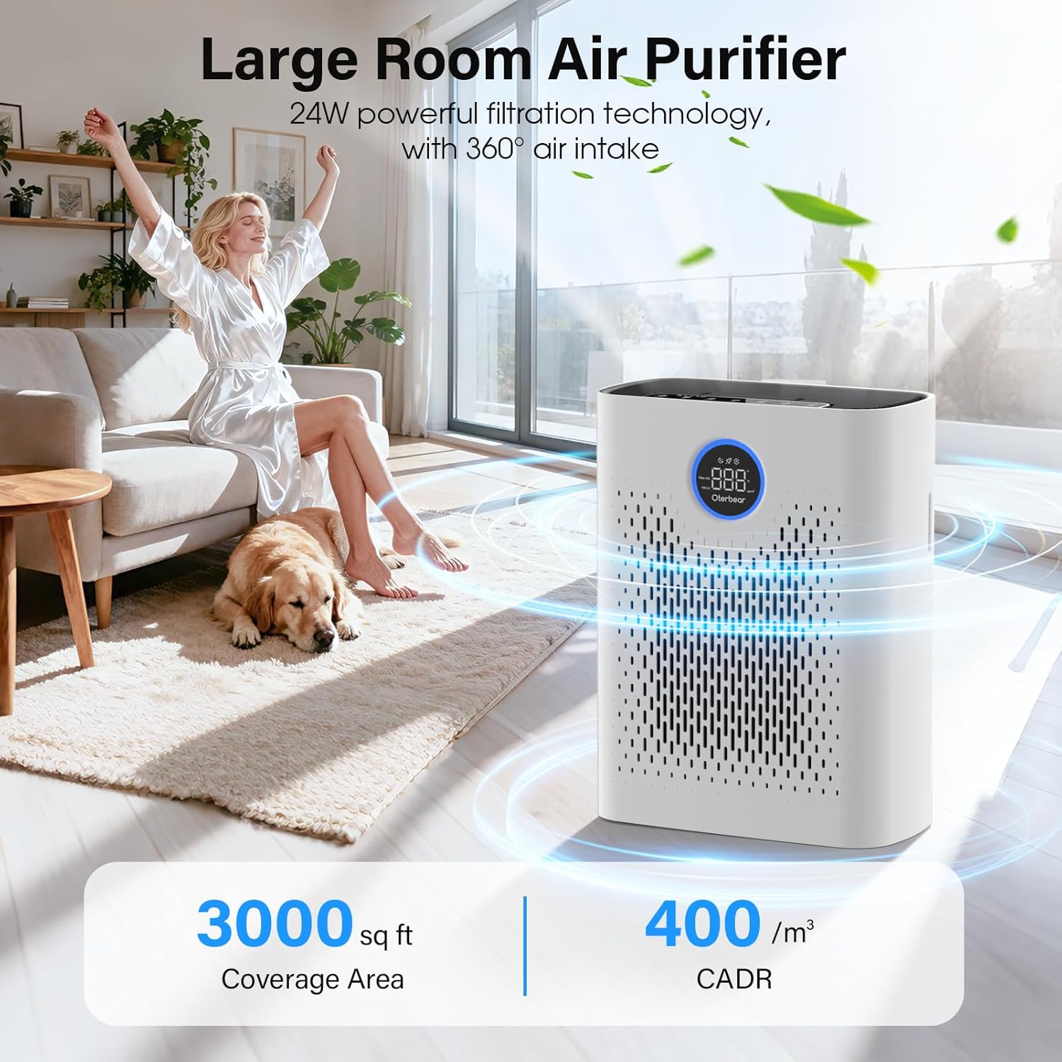 Air Purifiers for Home Pets Up to 3000Ft², HEPA Large Room Air Purifier with PM2.5 Air Quality Monitor, Sleep Mode, Air Purifiers for Bedroom Office for Allergies, Smoke, Dust, Pollen,8000B,White