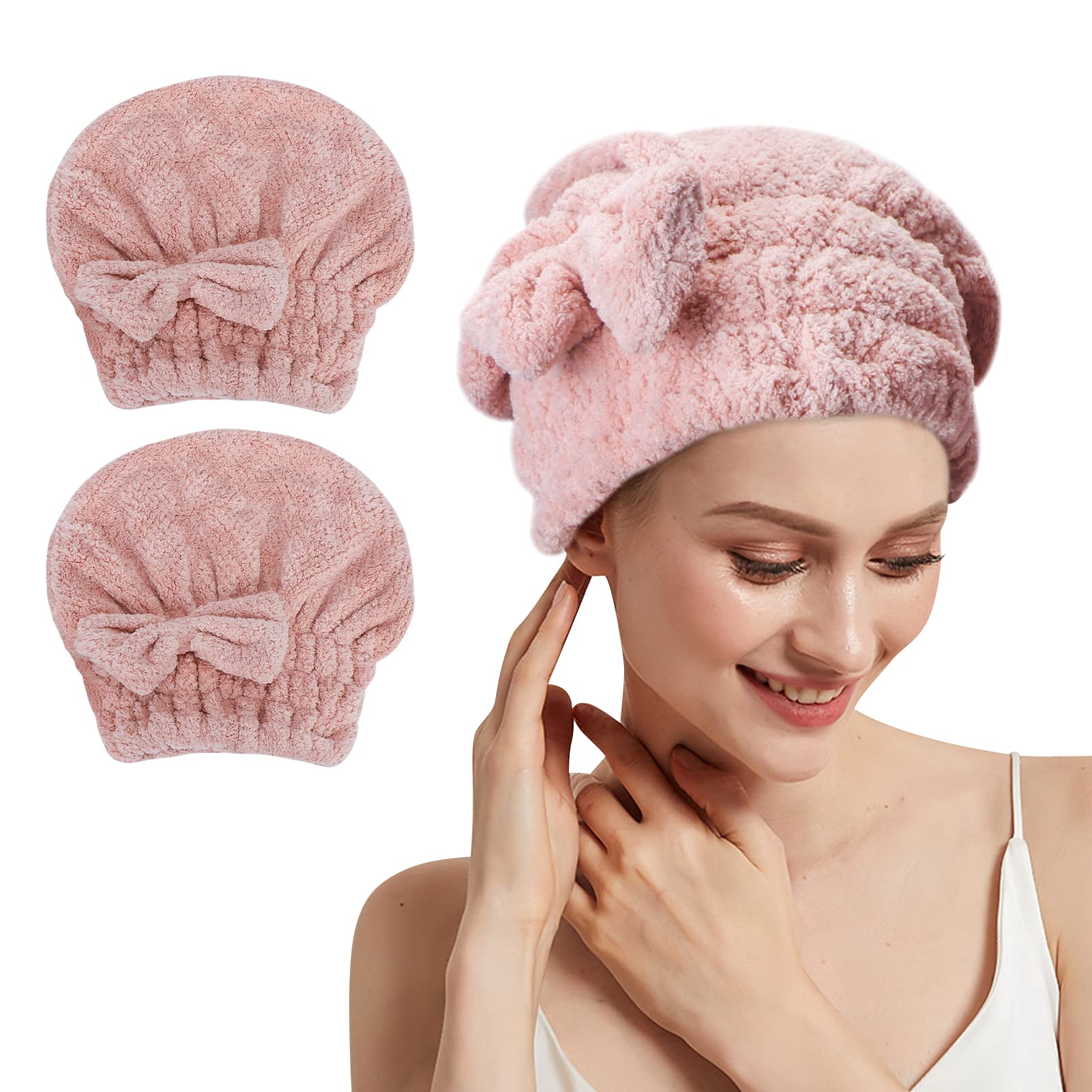 Unaone2 Pack Microfiber Hair Drying Towels, Super Absorbent Turban Hair Towel Cap, Quick Dry Head Wrap With Bow-Knot Shower Cap For Curly, Long, Thick Hair & Wet Hair (Pink)