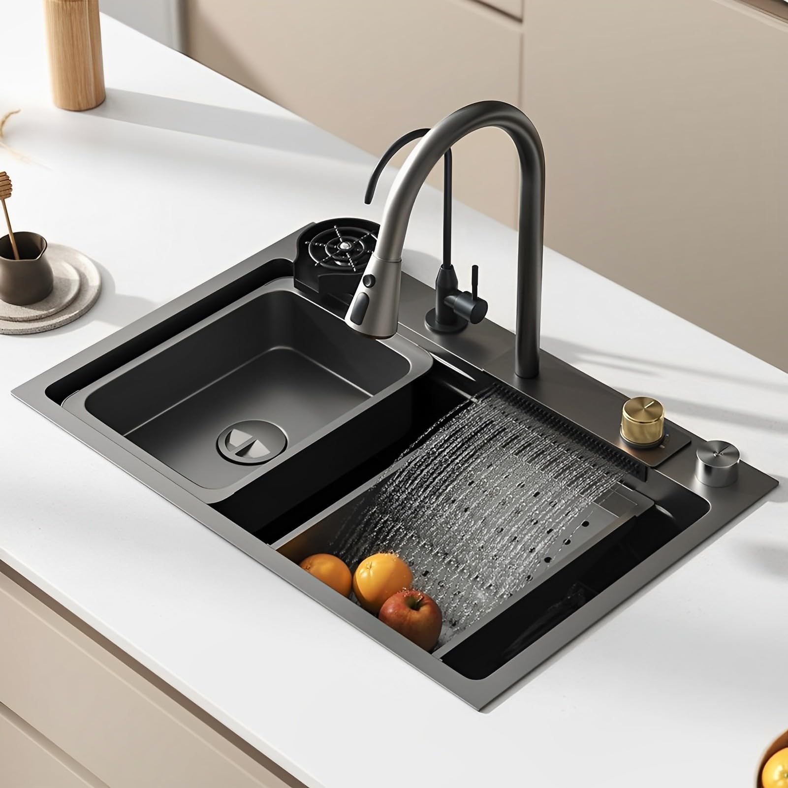 Fregadero de cocina de 85 x 50 cm, de montaje superior, de acero inoxidable, con lavabo individual, multifuncional, con grifo extraíble y accesorios completos