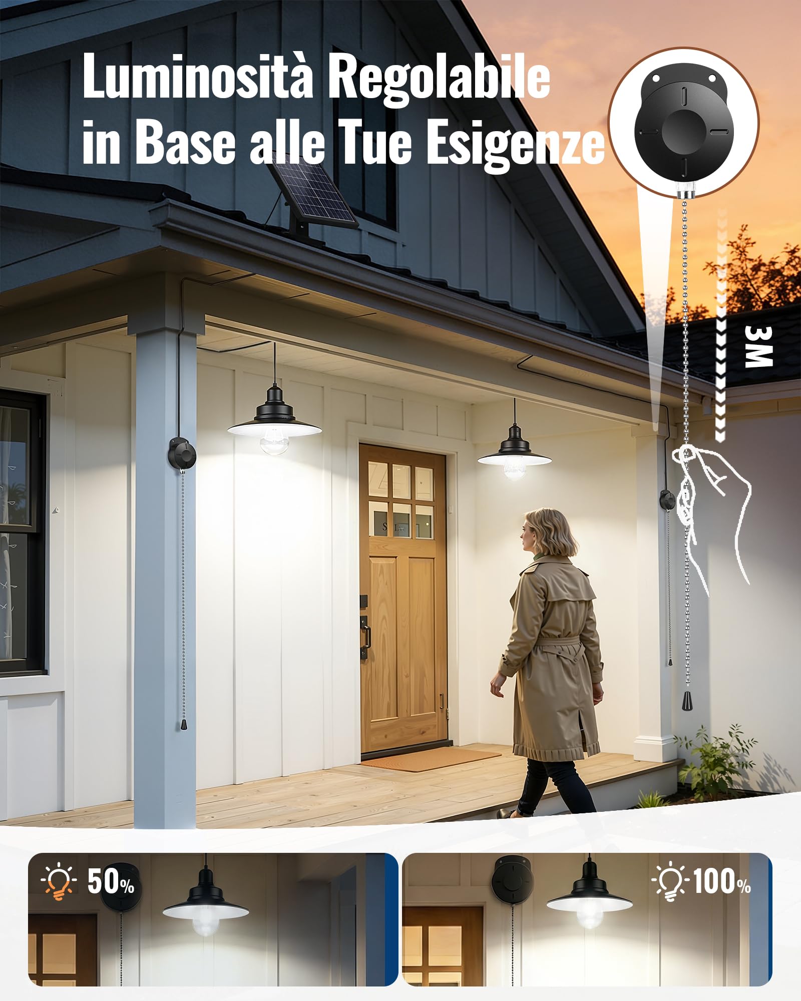 Lampada Solare da Esterno ed Interni, Semplice Interruttore a Catenella, Luci Solari da Esterno Impermeabile IP65, Adatta per Soggiorno, Gazebo, Garage