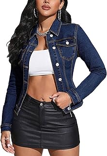 Women Cropped Denim Jacket Lapel Button Down Long Sleeve Slim Fitted Str...