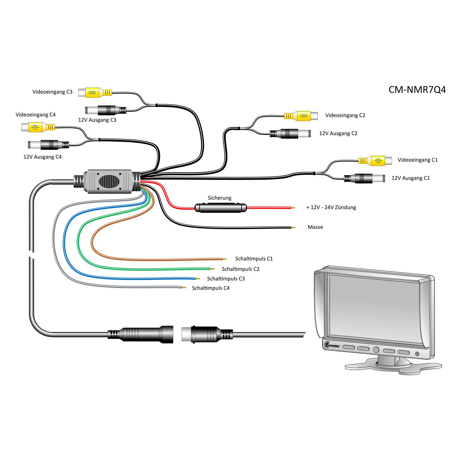 7" Quad Monitor CM-NMR7Q4 für Rückfahrkameras Split Screen Bildschirm 4 V In TFT Display 12V 24V