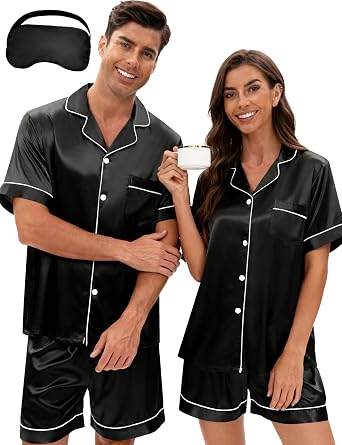 EPLAZA Satin Matching Pajamas for Couples Silk Button Down Pjs Set Women & Men Short Sleeve Sleepwear 2 Pcs Loungewear