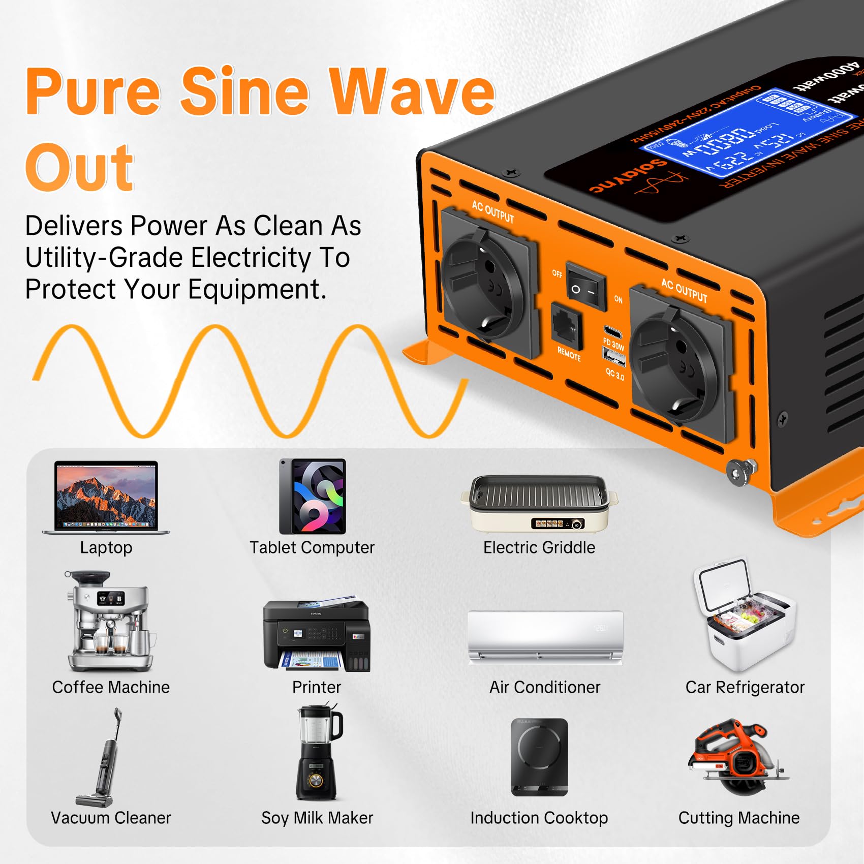 Inverter 2000W/4000W 12V 220/230V Onda Sinusoidale Pura,2 EU Presa,Porta Type-C da 30W e porta USB, telecomando LCD schermo LCD,Adatto per Elettrodomestici, Camper Campeggio