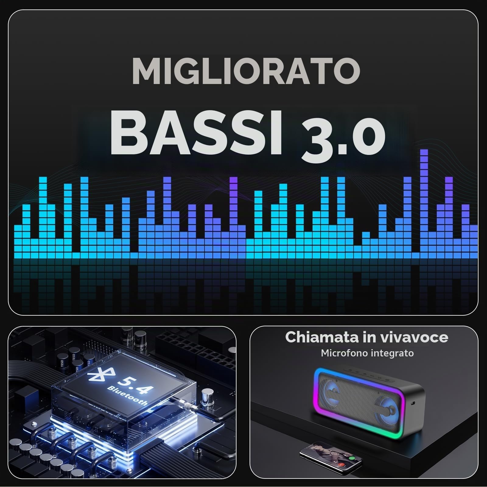 IKT Cassa Bluetooth Potente Portatile con Luci, Speaker Bluetooth 5.4, 30W Basso Potenziato, IPX7 Impermeabile, 7 Luci RGB, 30 Ore Autonomia, Altoparlante Bluetooth per Party, TWS AUX TF-Card