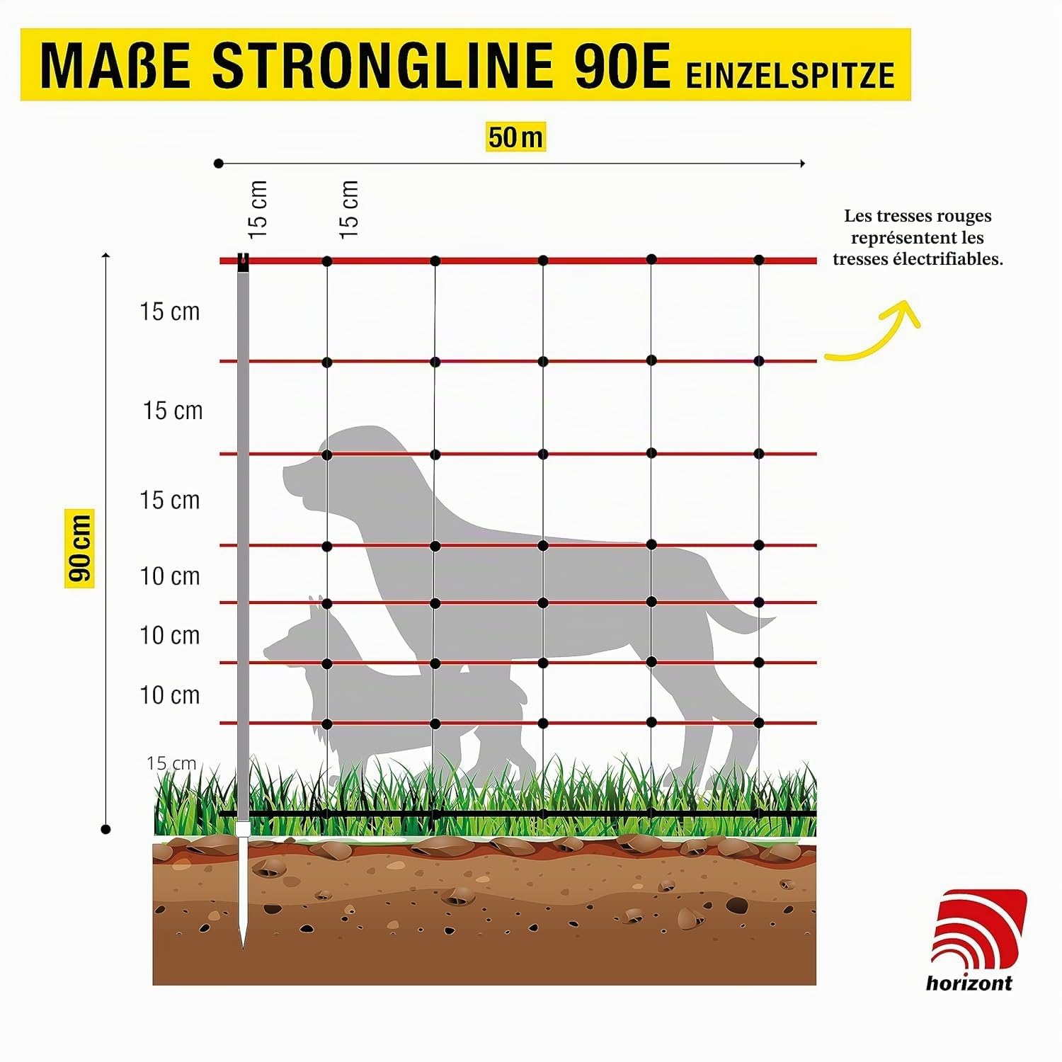 Horizont StrongLine Clôture mobile pour chiens de camping 50m 90cm, électrifiable, 14 piquets en fibre de verre, clôture de délimitation orange-Flexiber pour chiens, clôture mobile pour jardin