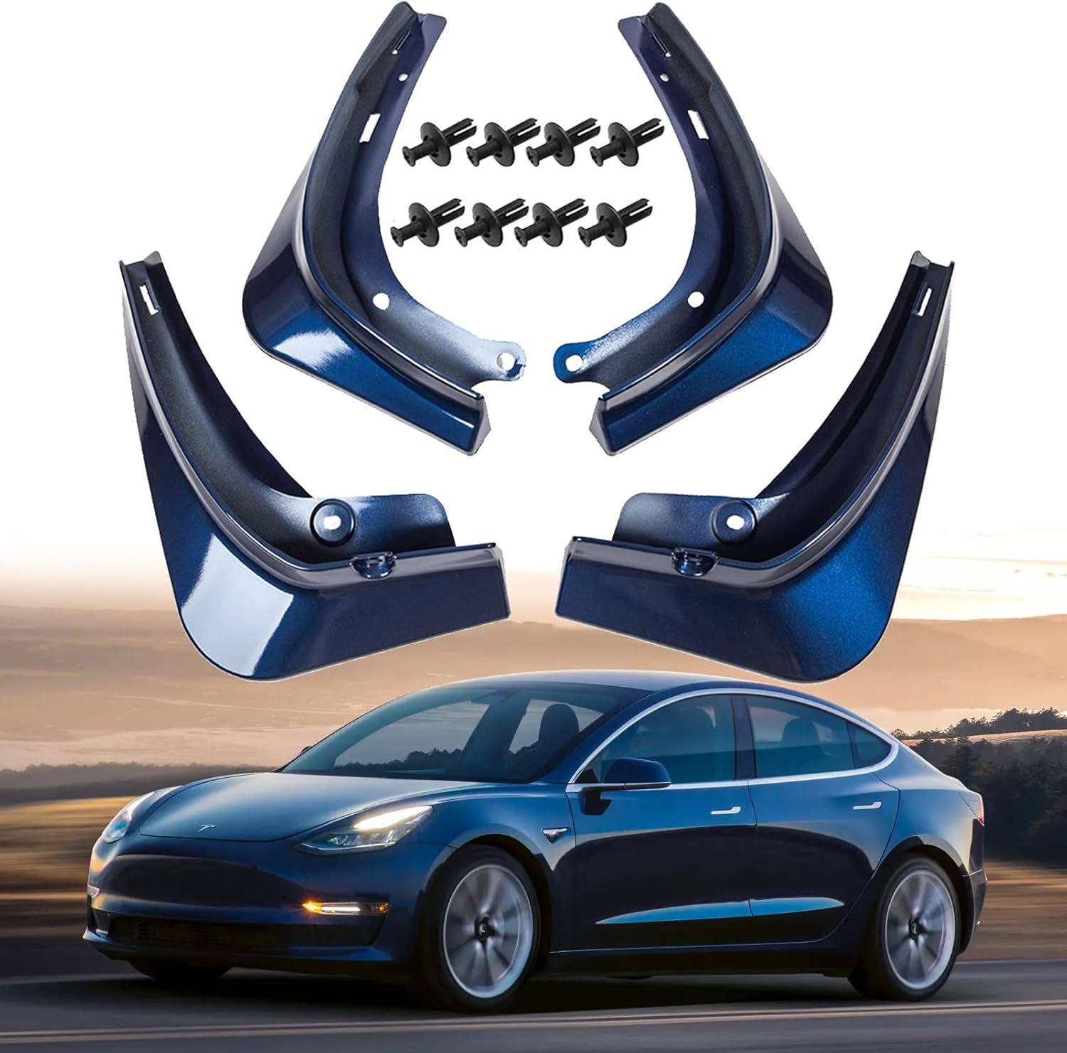 FASTCHE Mud Flaps for Tesla Model 3 2016-2023 Mudflaps Splash Guards Front Rear Fender Protection No Need to Drill Holes (Set of 4,Blue)