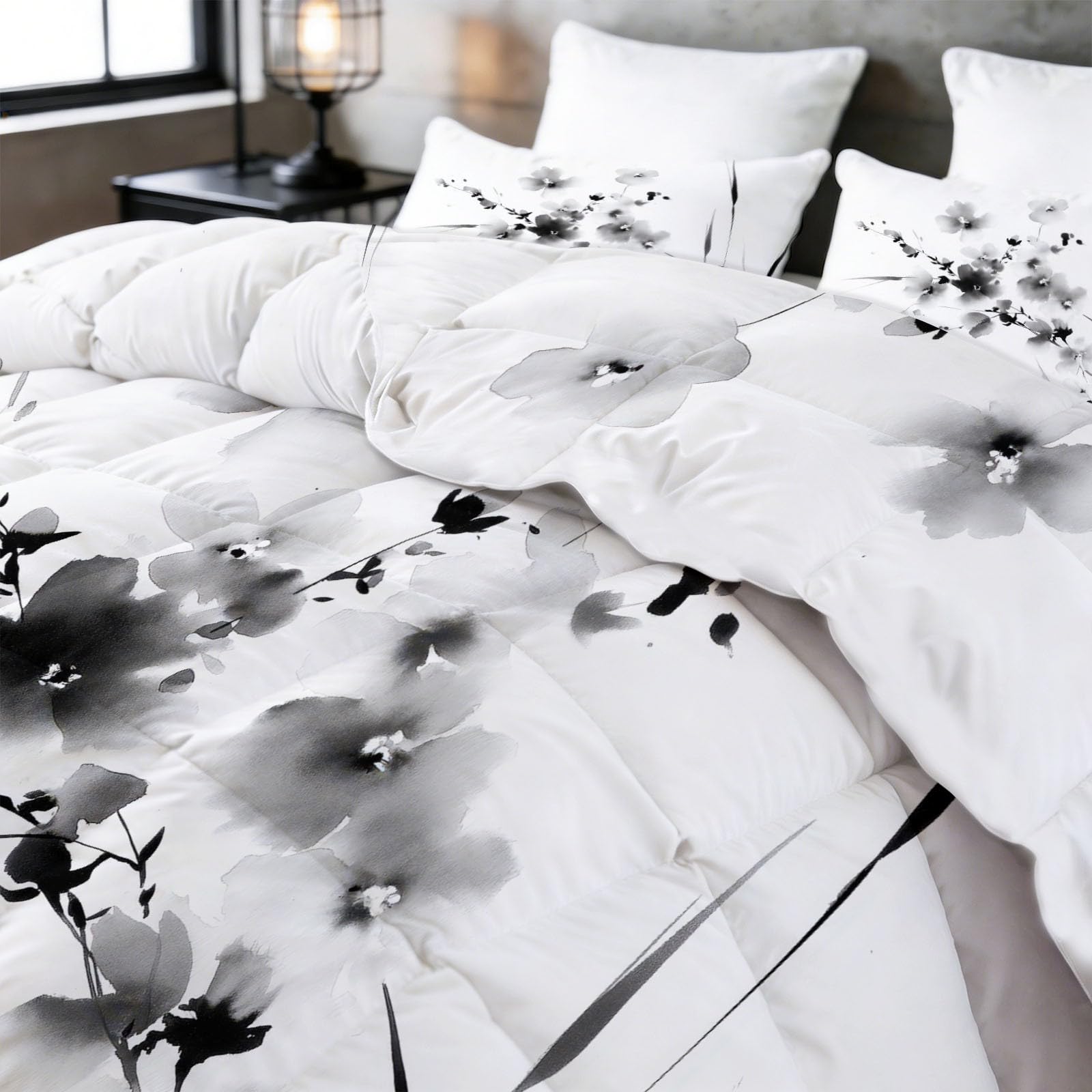 Trapunta Matrimoniale 150x200 cm Fiori selvatici astratti in bianco e nero Piumone 4 Stagioni Microfibra Traspirante Morbida, Trapuntino Copriletto Stampa 3D con 2 Federe 50x80 cm