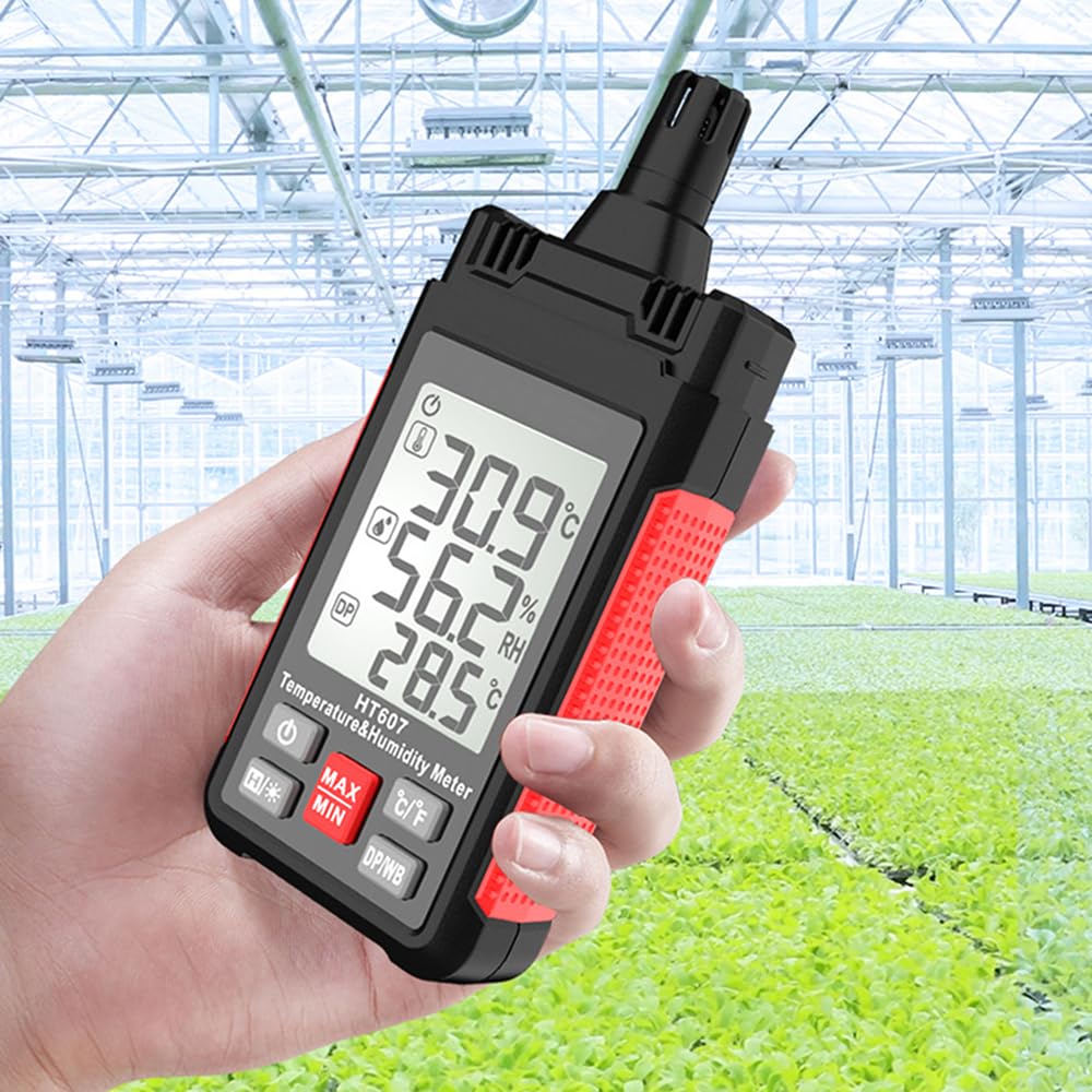 Meichoon Temperature and Humidity Meter with Display C/F Industrial Thermometer Multiple Units of Measurement with Dew Point Wet Bulb Blacklit Display PE50