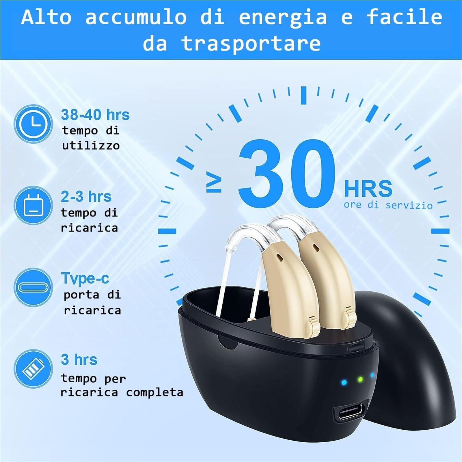Adatto ad anziani/ricaricabile,con custodia di ricarica portatile/leggero e confortevole/riduzione naturale del rumore