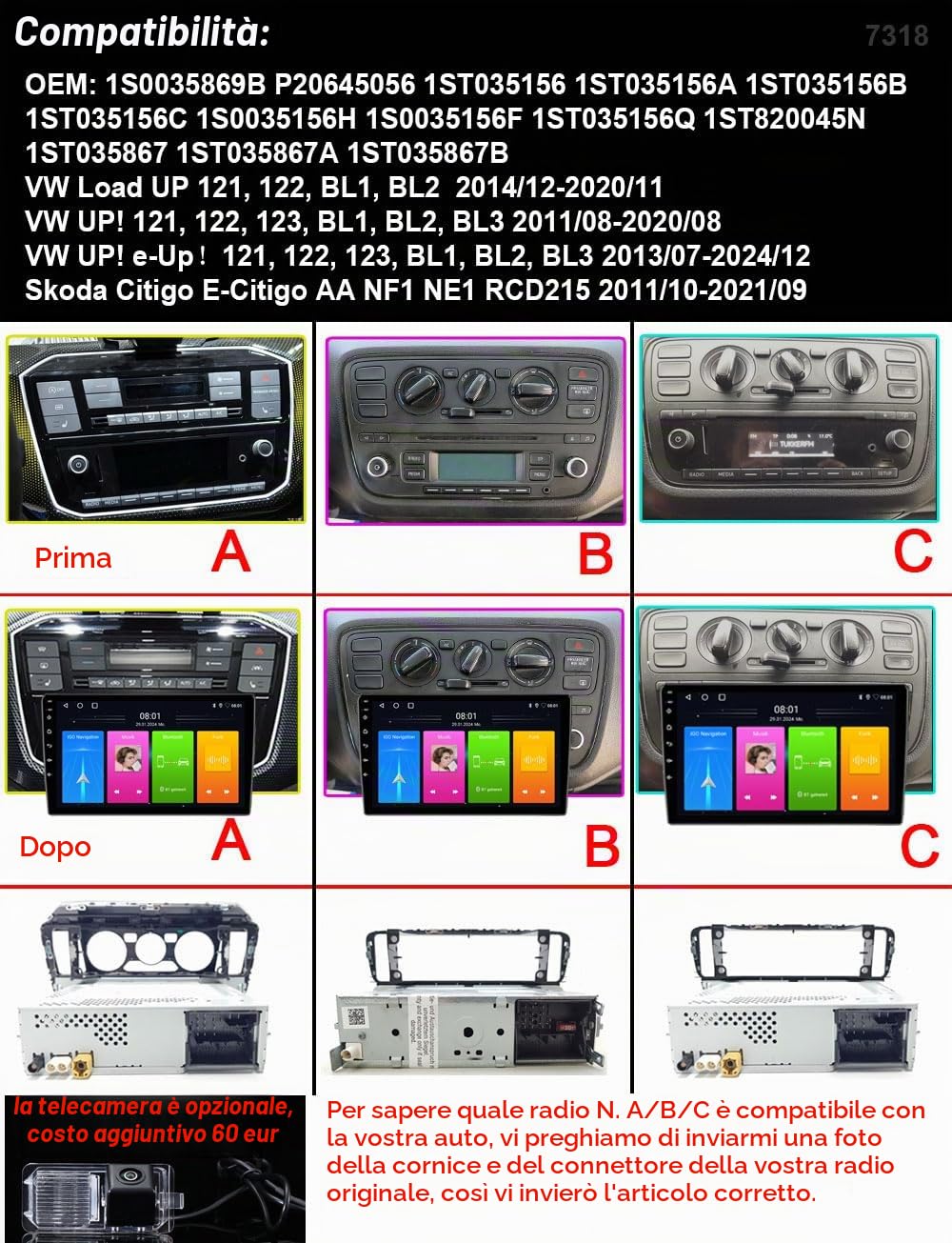 Autoradio Android con navigazione GPS, Carplay, audio stereo autoradio per VW Load UP 121, 122, BL1, BL2/VW UP! 121, 122, 123, BL1, BL2, BL3/VW UP!/Citigo E-Citigo AA NF1 NE1 RCD215