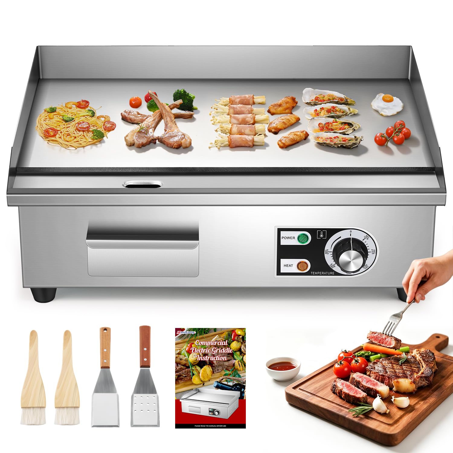 Moongiantgo Piastra Elettrica Commerciale 22" 3000W, Grill in Acciaio Inox con Scatola Olio Rimovibile e Temperatura Regolabile (0-300°C), Piastra Teppanyaki Antiaderente per Ristoranti, Cucine (22'')