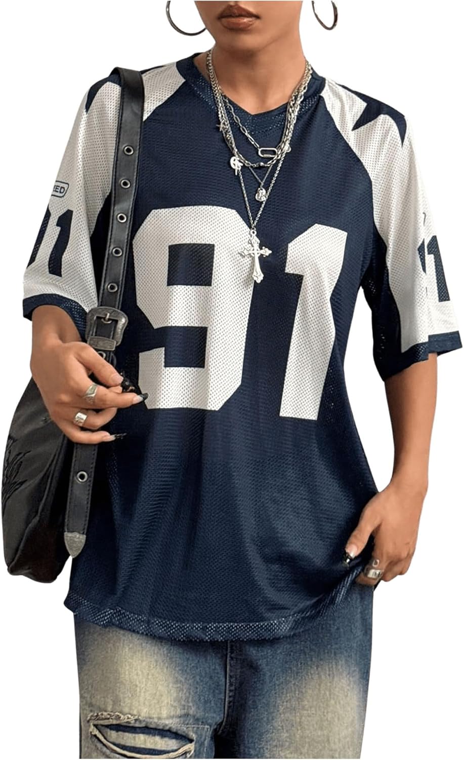 SOLY HUX Women's Jersey Shirts Number Graphic V Neck Half Sleeve T-Shirt Summer Football Tops Streetwear