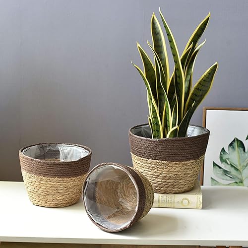 Miniatura 7 de FGYZYP Cesta tejida de ratán para maceta, cesta tejida a mano con forro de plástico impermeable para almacenamiento en interiores y exteriores,