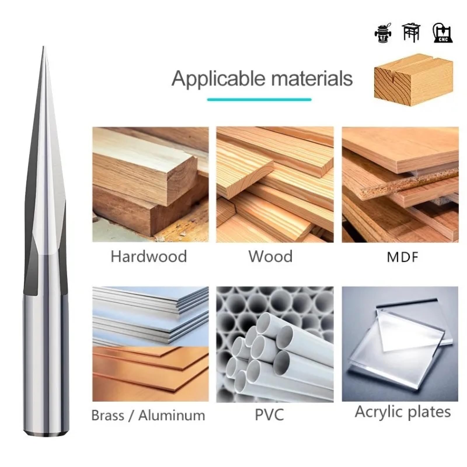 Mèche De Sculpture CNC, Tige De 6mm, 15/20/25/30 Degrés