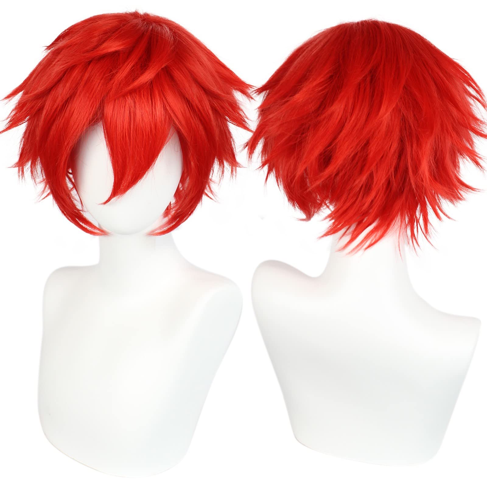 ANOGOL Hair Cap + Short Red Wig Unisex Red Messy Fashion Cosplay Men Funny Wig for Anime Cosplaly Halloween Christmas Event Costume Party
