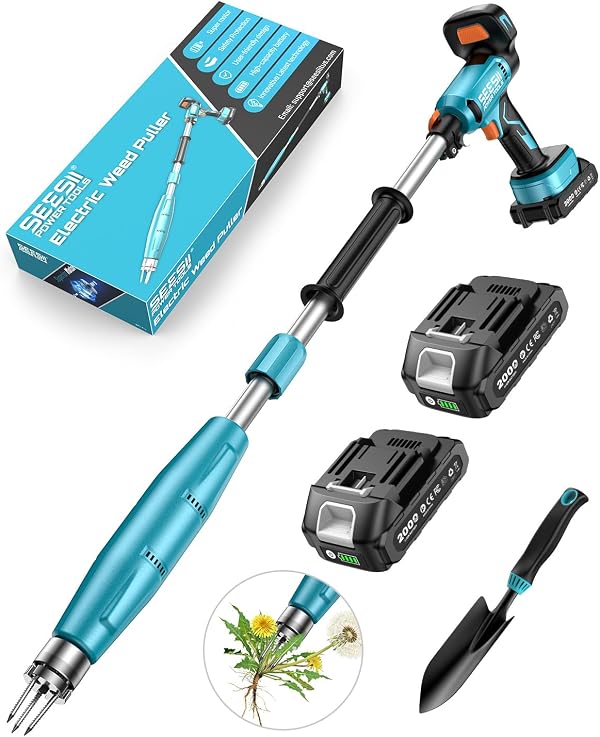 SEESII Electric Stand-Up Weed Puller Tool with 40"-47" Adjustable Handle, High-Power 3-Claw Stainless Steel Spiral, 4S Deep Root Removal, One-Button Eject, Dandelion Remover & Crabgrass Puller