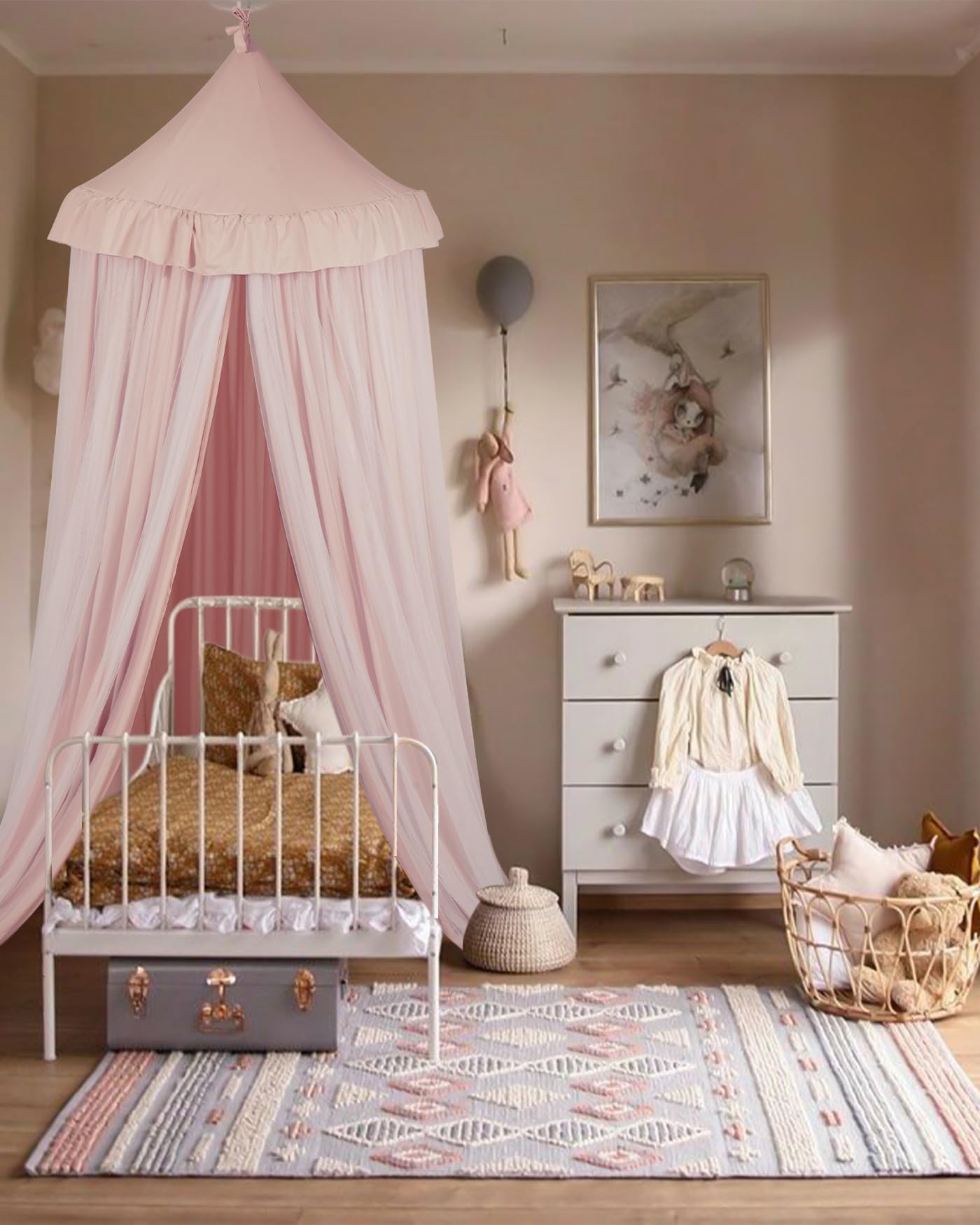 Mallify Moskitonetz Betthimmel mit Sternenlichtern, atmungsaktiv & waschbar Doppelte Lage Baldachin für Mädchen Prinzessin Kinderzimmer, 65 cm x 269 cm, Rosa