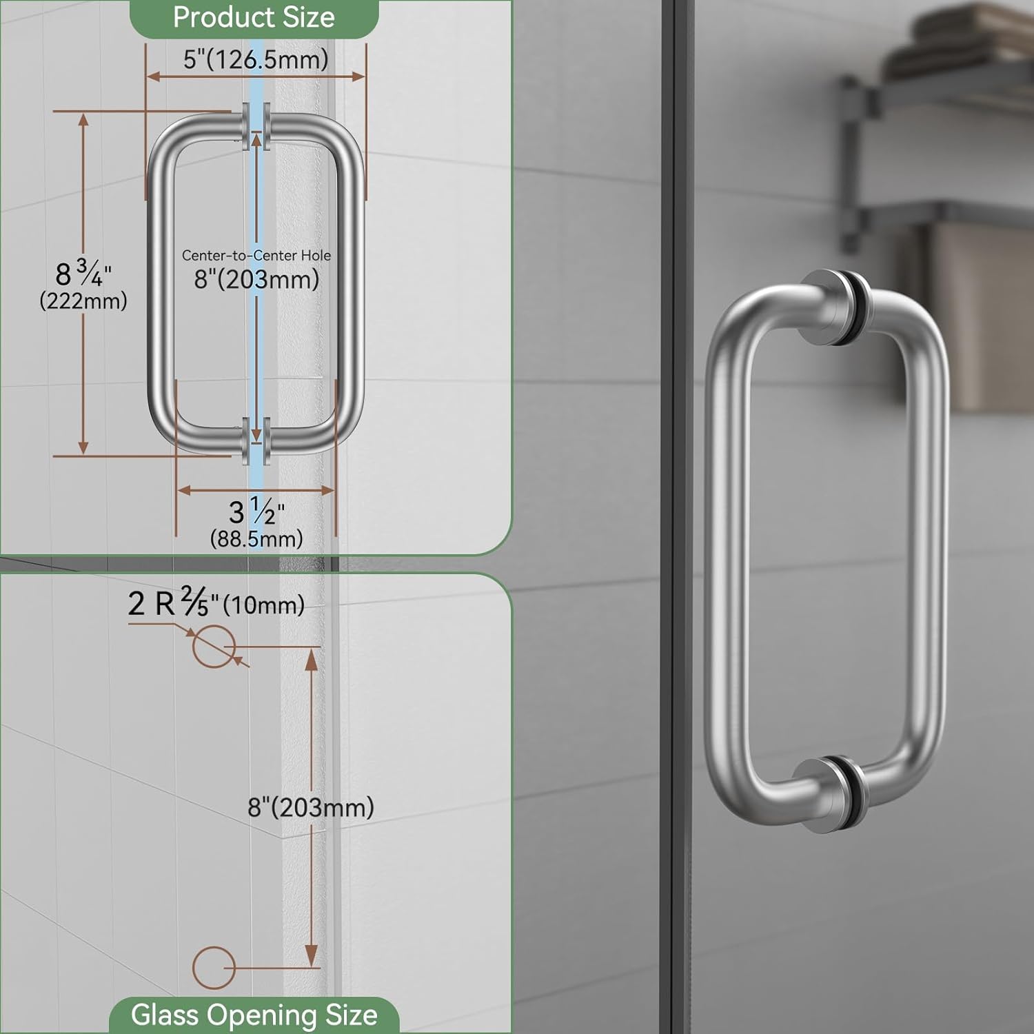Shower Door Hardware Kit 304 Stainless Steel for 6/25"-1/2" (6mm-12mm) Tempered Glass, Hardware Accessories with 8" Handles Hinges Glass Clamp - Brushed Silver