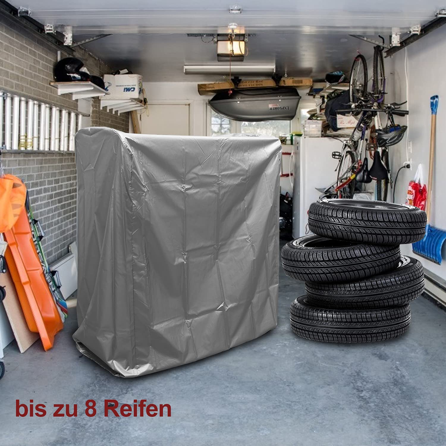 Estantería para neumáticos de 107 x 46 x 117cm, soporte para 8 neumáticos, altura regulable, estante de almacenamiento, capacidad de carga 180kg, con funda protectora, para garaje sótano taller