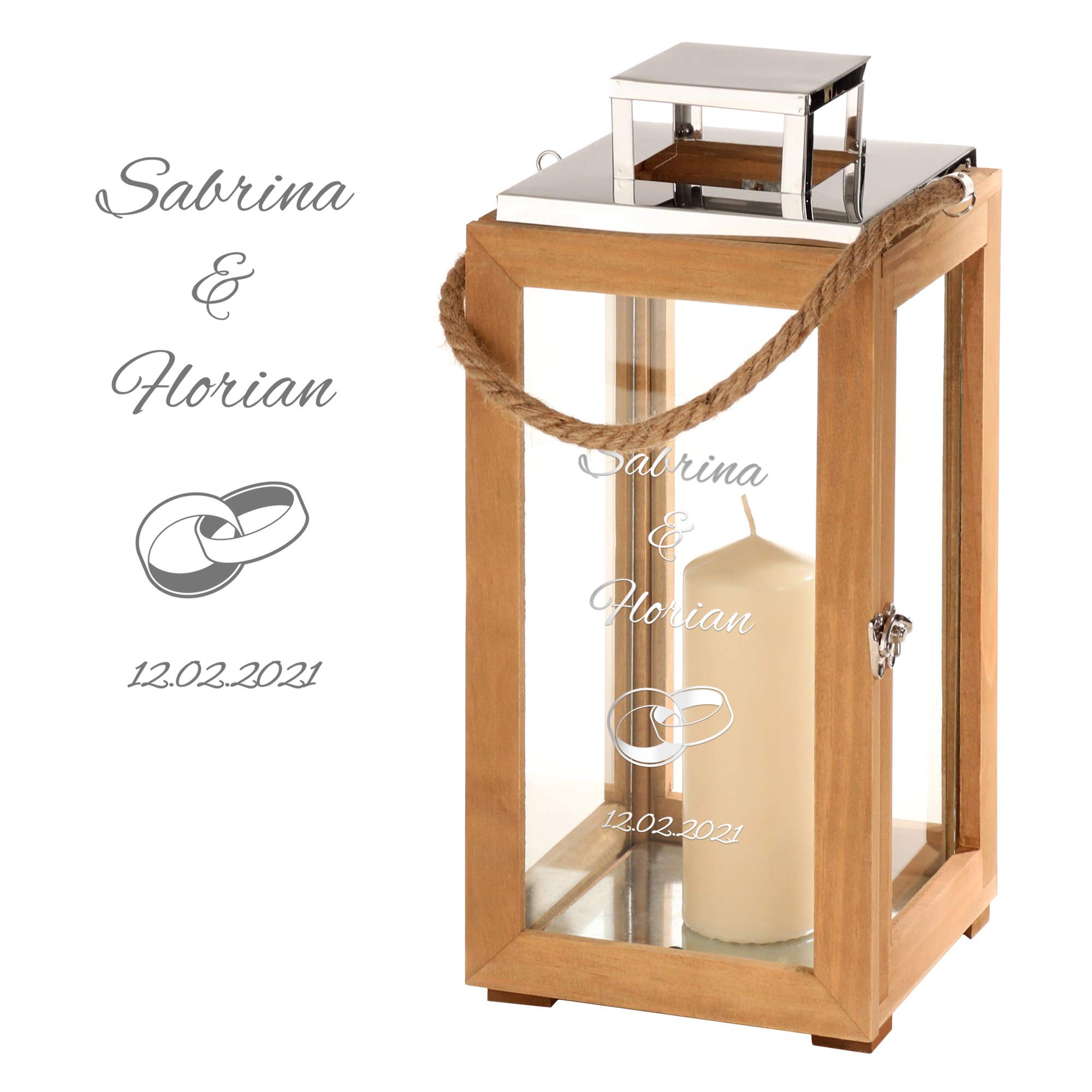 Casa Vivente Romantische Holzlaterne mit Gravur zur Hochzeit, Personalisiert mit Namen, Datum und Ringe, Dekoratives Windlicht als Hochzeitsgeschenk