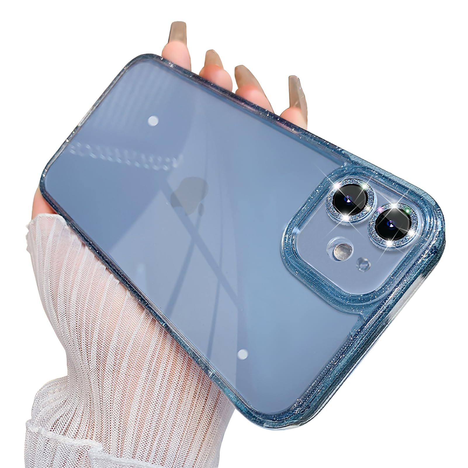 Eiyikof for iPhone 12 Case with Bling Camera Lens Protector Cover Cute Sparkly Diamond Slim Clear Back & Glitter Bumper Silicone Shockproof Protective Case for Girls Women-Blue