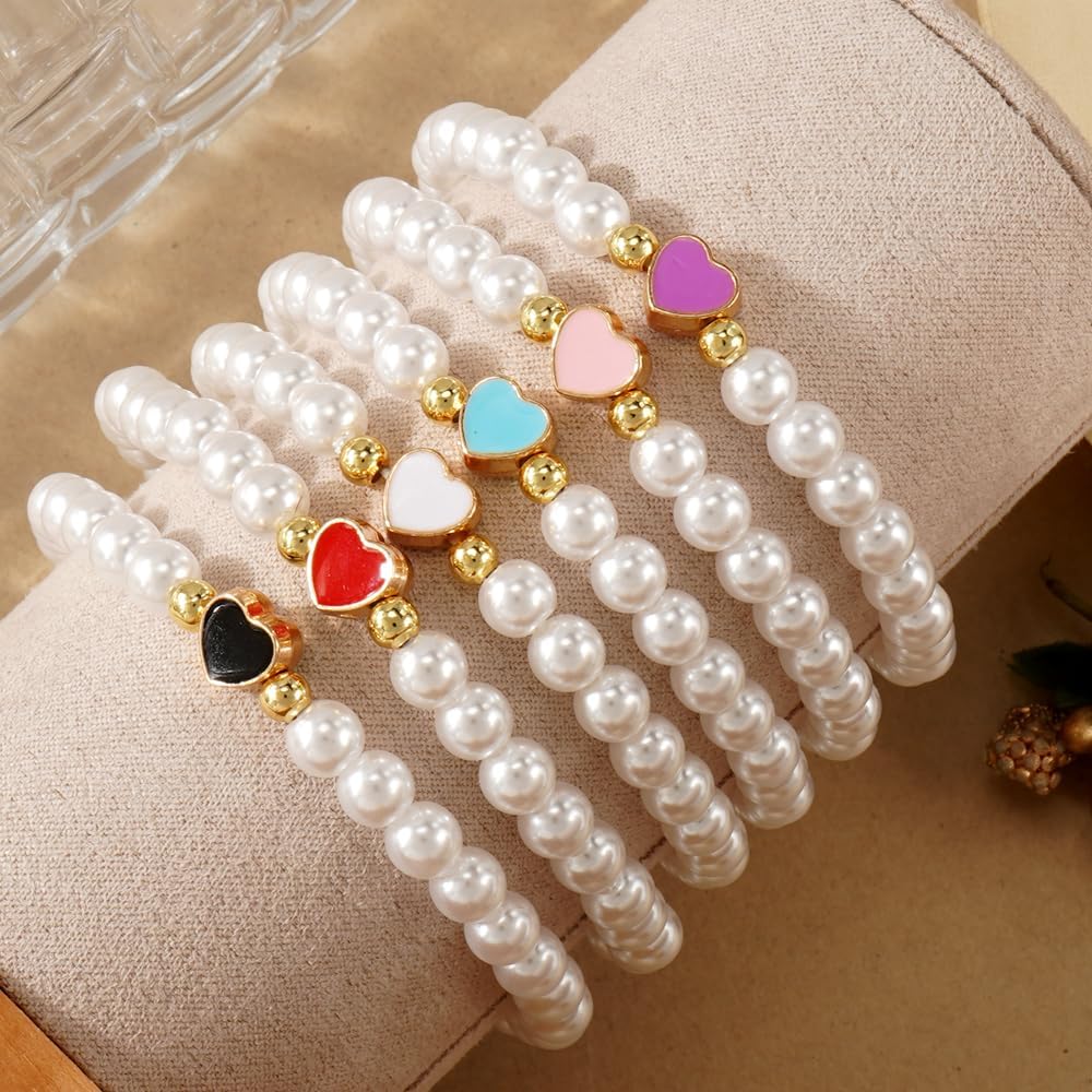 6PCS/set Pearl Colorful Love Heart Drawstring Bracelet for Women,Dainty gold Bead Bracelets Charm Handmade Fashion Jewelry Gift - Image 2