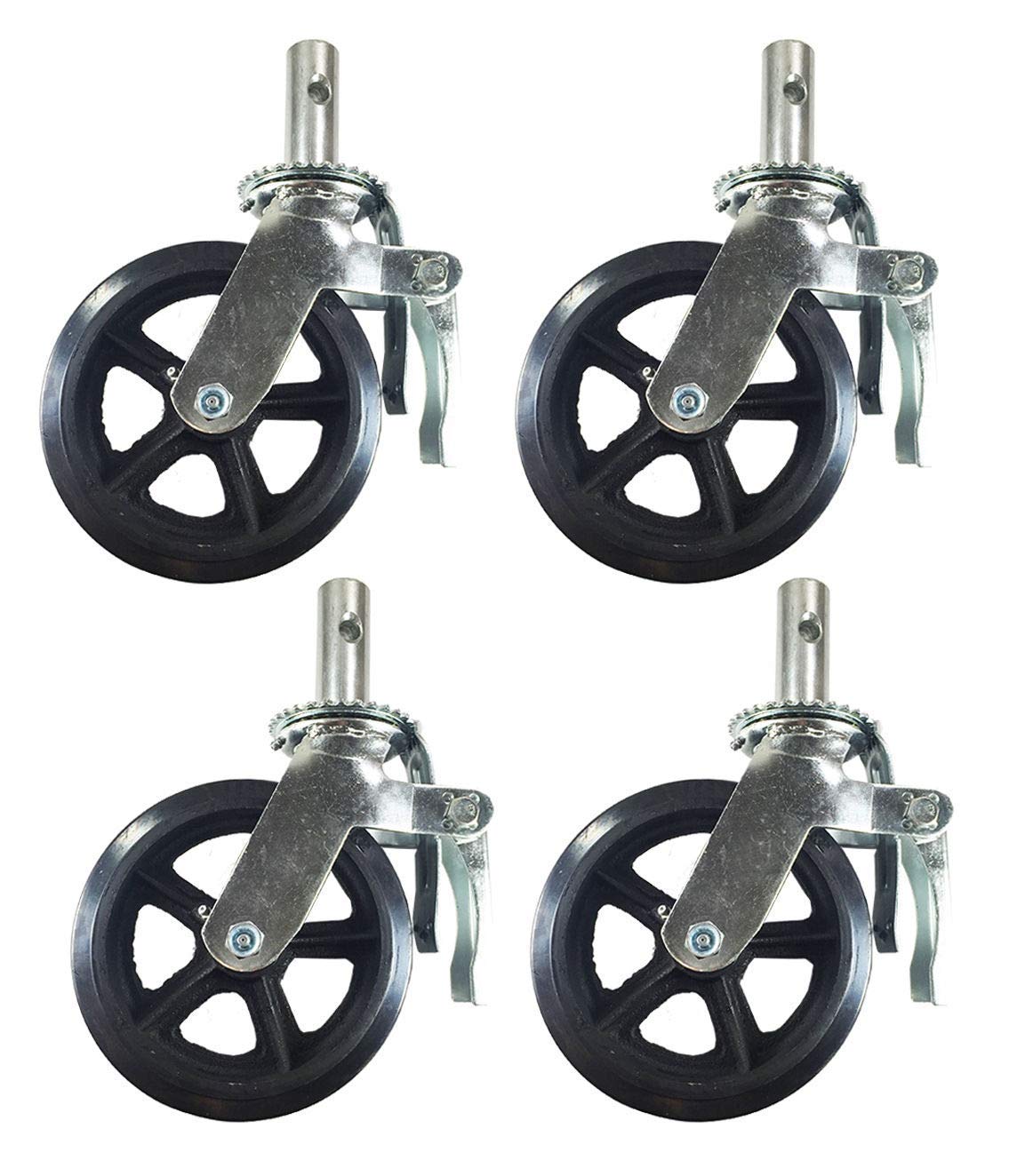 A Set of 4 Wheel 8 Caster with Rubber on Cast Iron Hub 1 3/8 Caster Wheel with Lock-in Brakes Scaffolding Rolling Tower