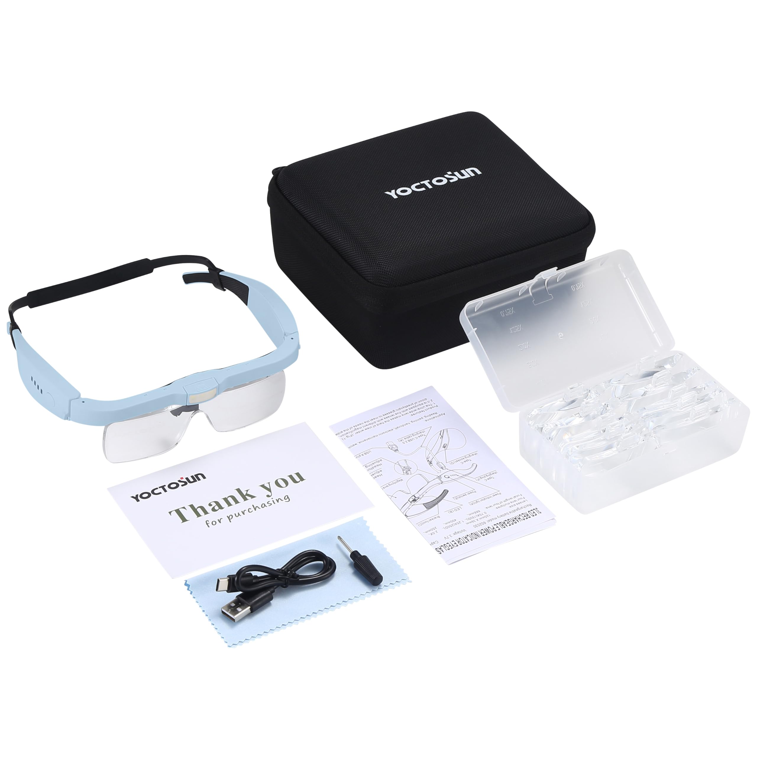 YOCTOSUN Lupe für Naharbeiten mit 3 LED-Leuchten, Aufbewahrungsetui, Kopfband und 5 abnehmbaren Linsen, 0,75 x, 1,25 x, 2,0 x, 3,0 x 4,0 x, Headset-Lupe für Schmuck, Hobby und Handwerk