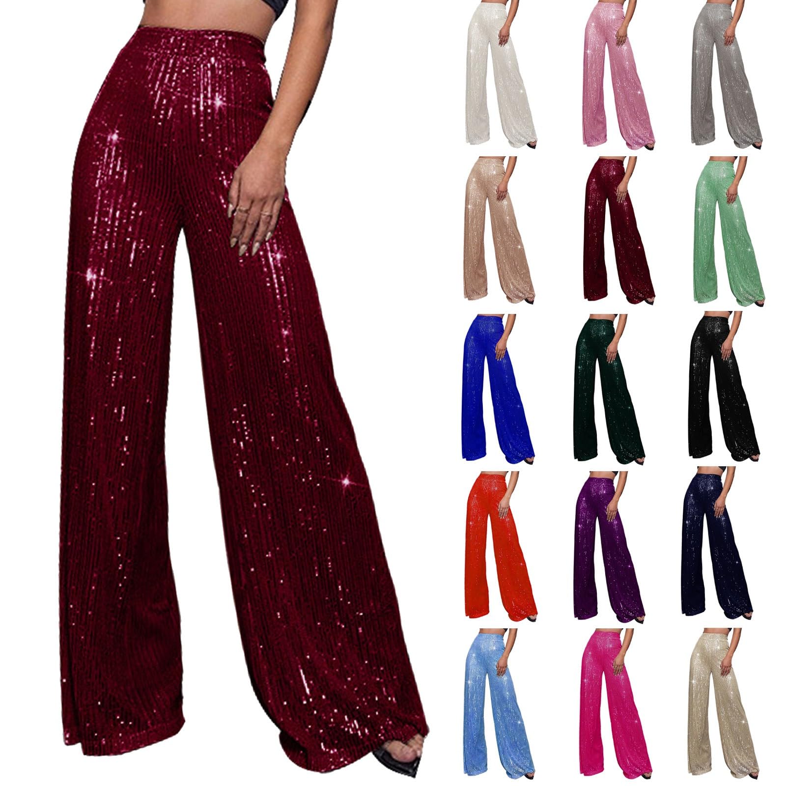 Pantaloni da donna con paillettes glitterate, a gamba larga, anni '70, vita
