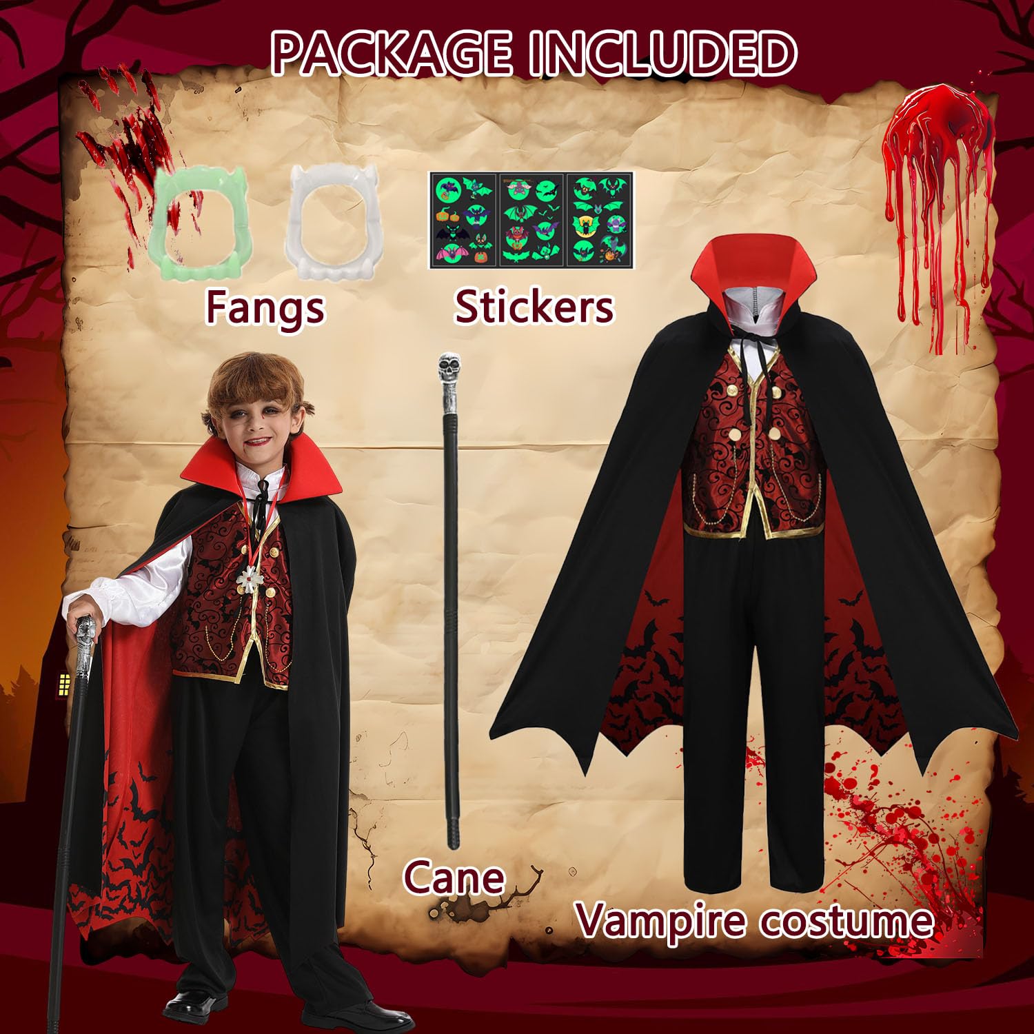 Disfraz de vampiro para niños, disfraz gótico de Halloween con accesorios de lujo, bastón que brilla en la oscuridad, dientes CA002XS