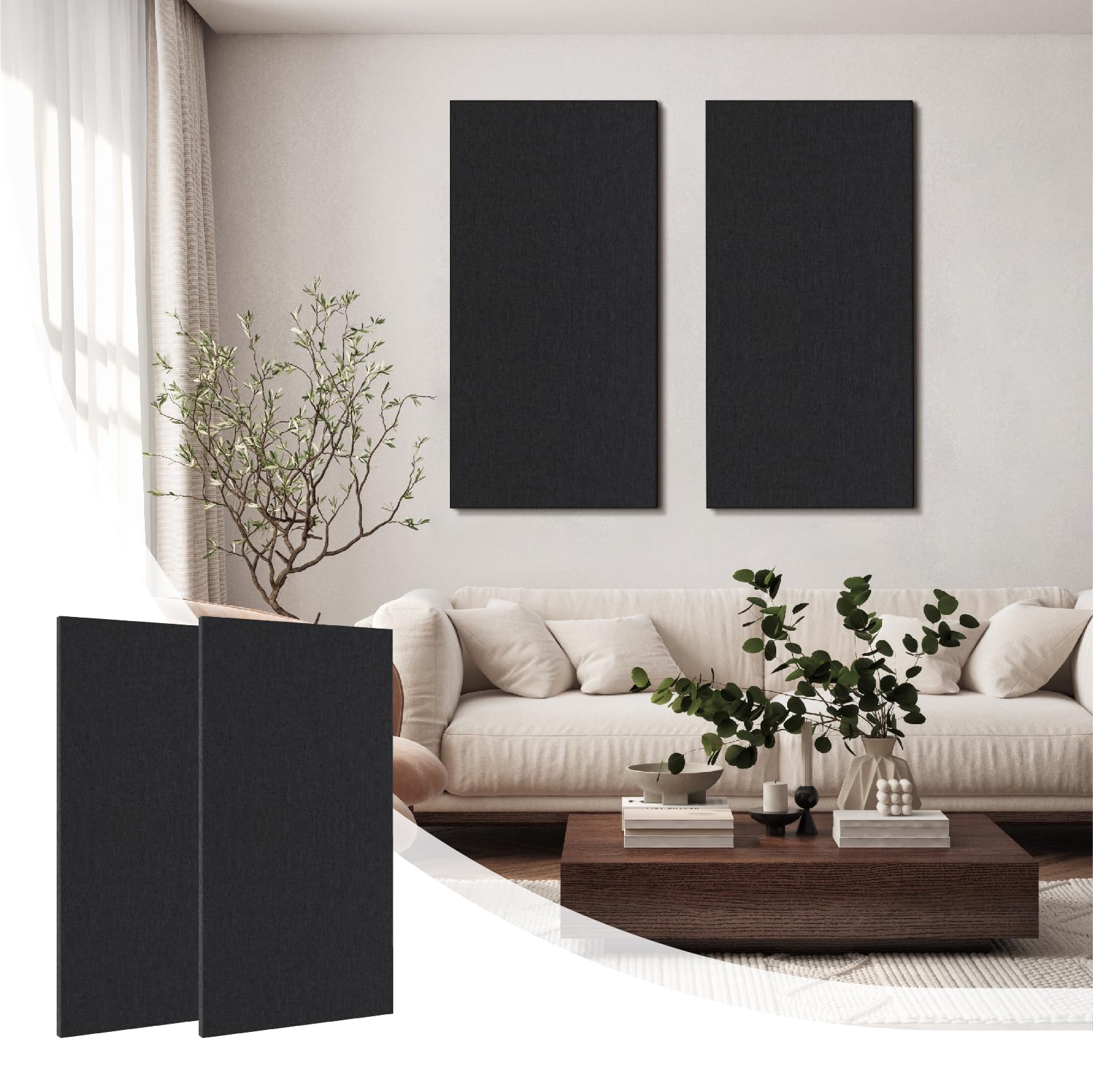 Olanglab Acoustic Panels 2 Pack, 48''x24'' Large Sound Panels, Fabric Wrapped Sound Proof Foam Panels for Walls, Sound Absorbing Panels for Recording Studio Acoustical Treatments (Black)