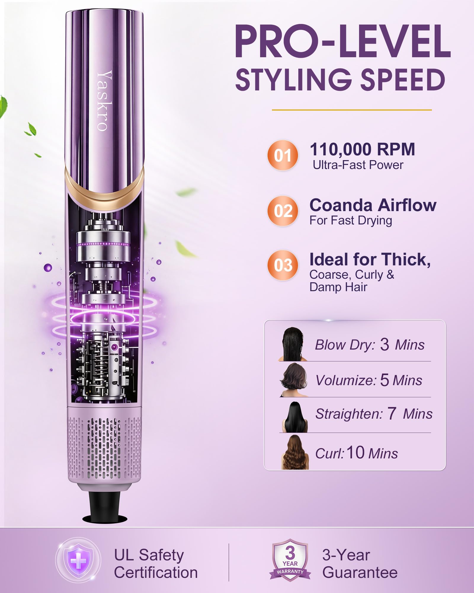 Cepillo secador 6 en 1, cepillo de aire caliente iónico 110.000 RPM con rizadores automáticos, accesorios desmontables y mango giratorio 90° para secar, rizar, alisar y aportar volumen