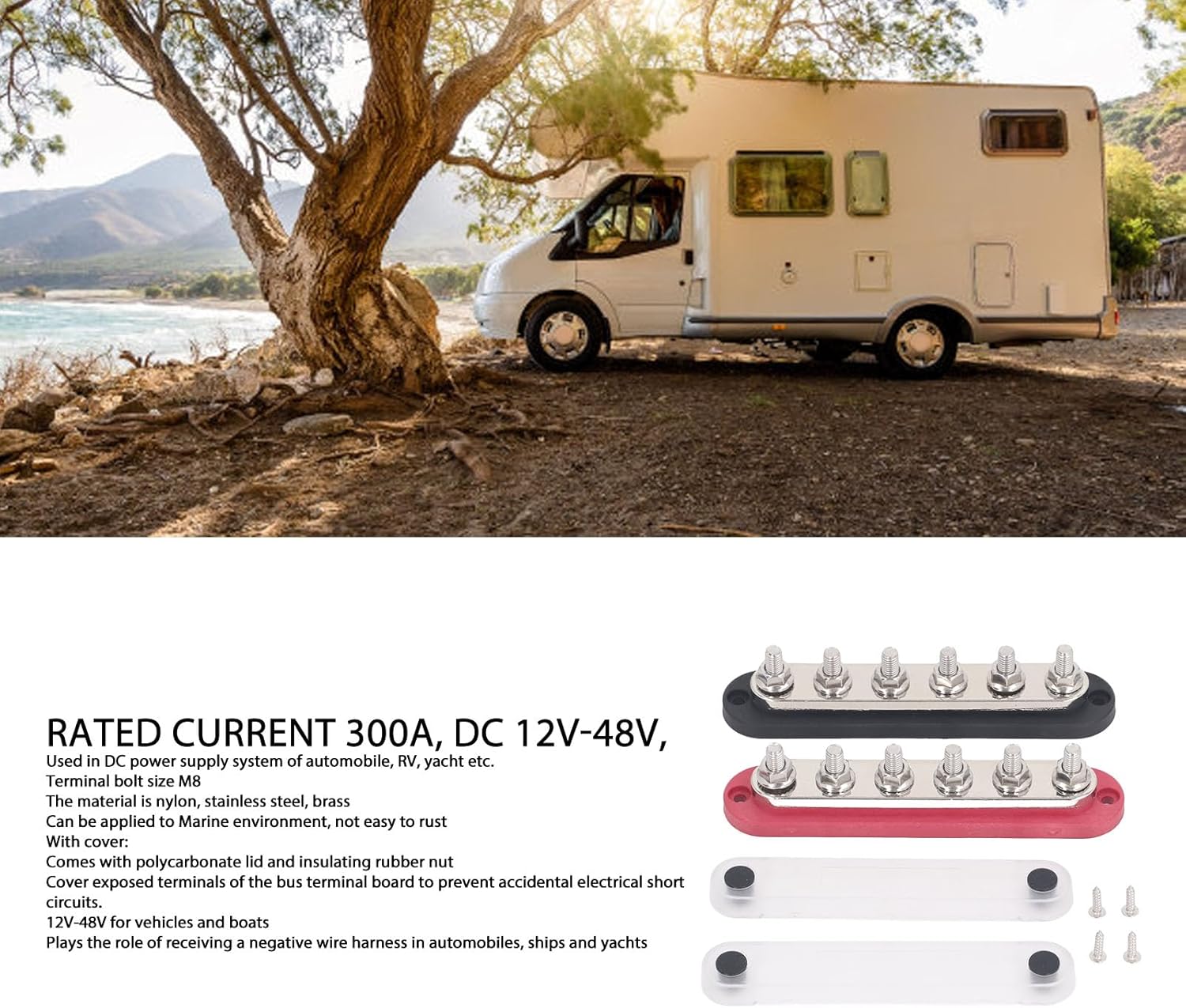 Power Distribution Block, 300A 12V 48V DC M8 Screw/Fastener Bus Bar, Battery Junction Block with Protective Cover for Car Boat Marine Applications