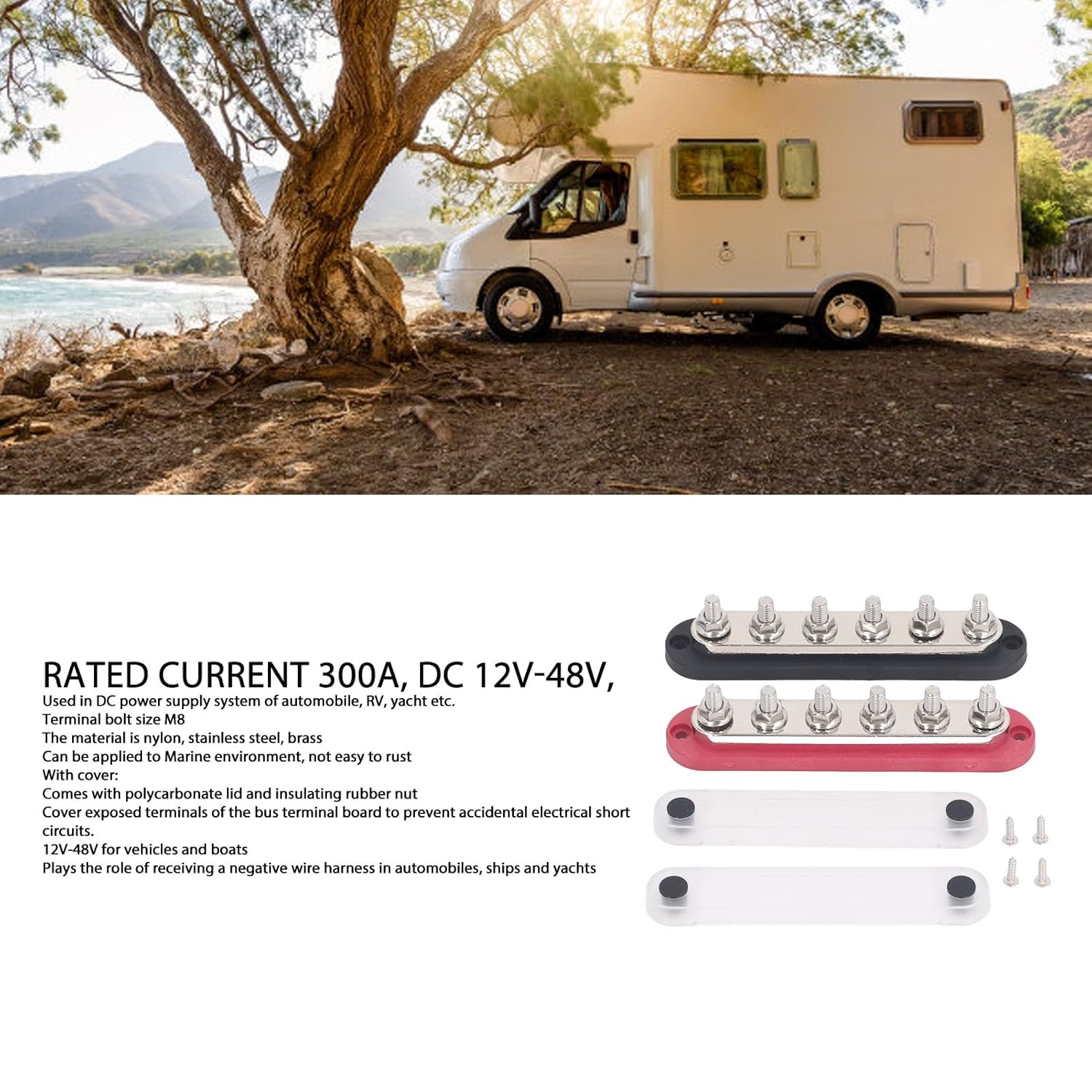 250A 12V Nylon Stainless Steel Brass Power Distribution Block Terminal Board with Cover for Cars Boats Ships, Functions as Negative Wiring Harnesses Busbar