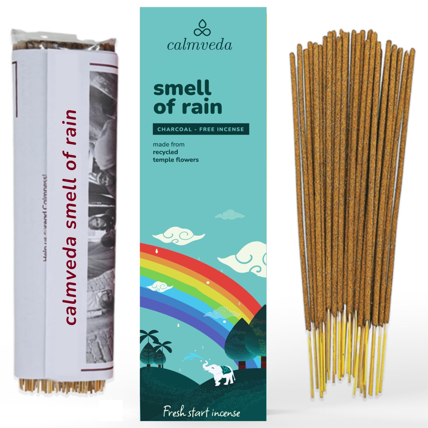 Fresh Rain Incense Sticks - (80 Scent Sticks) Charcoal Free, Made from Upcycled Flowers | Like Petrichor Aroma of Rain Soaked Earth | Relaxing Scents for Meditation Incense