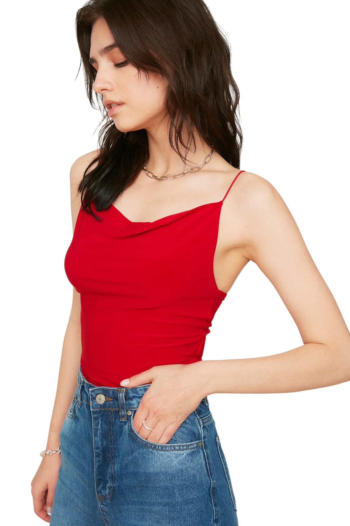Trendyol Damen Rot Women Young Slim Fit Basic Cowl Neck Knit Blouse Young Slim Fit Basic Strickbluse Mit Wasserfallausschnitt, Red,