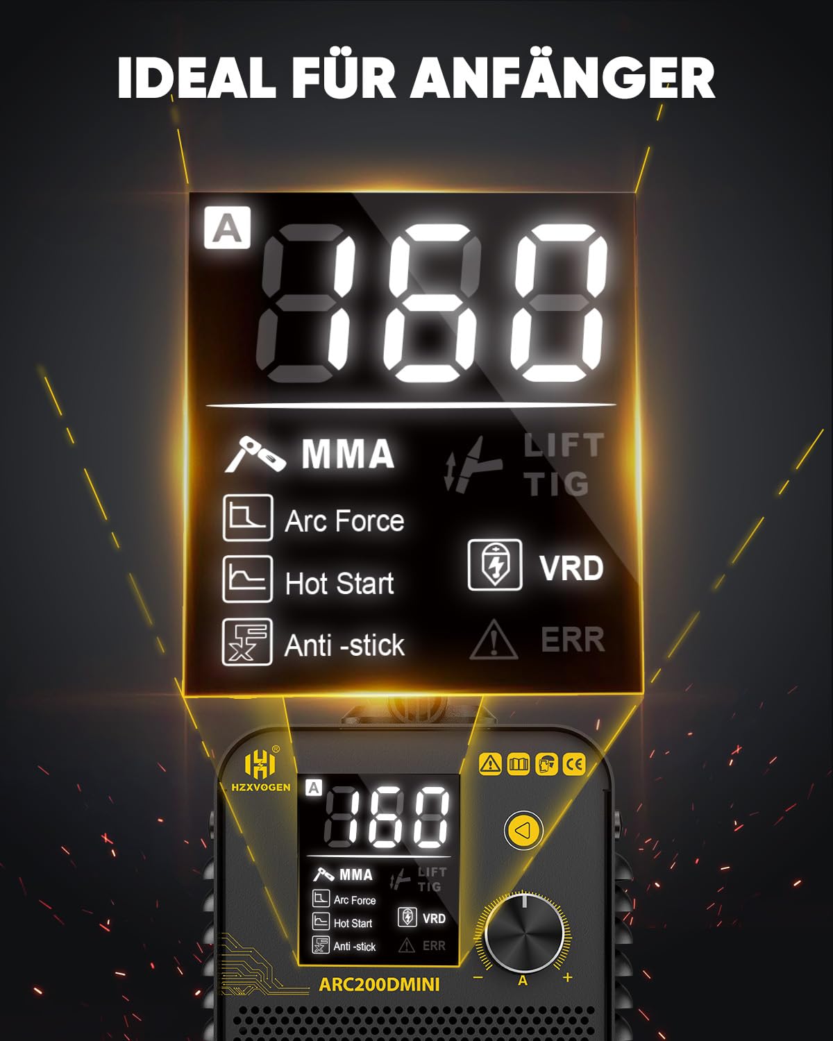 H HZXVOGEN Mini Elektroden Schweißgerät 230V 200A, 2-in-1 MMA & Lift TIG Inverter, Tragbares Schweißgerät für Anfänger & Heimwerker, mit LED-Display, Hot-Start, Anti-Stick, Inkl. Elektroden & Zubehör