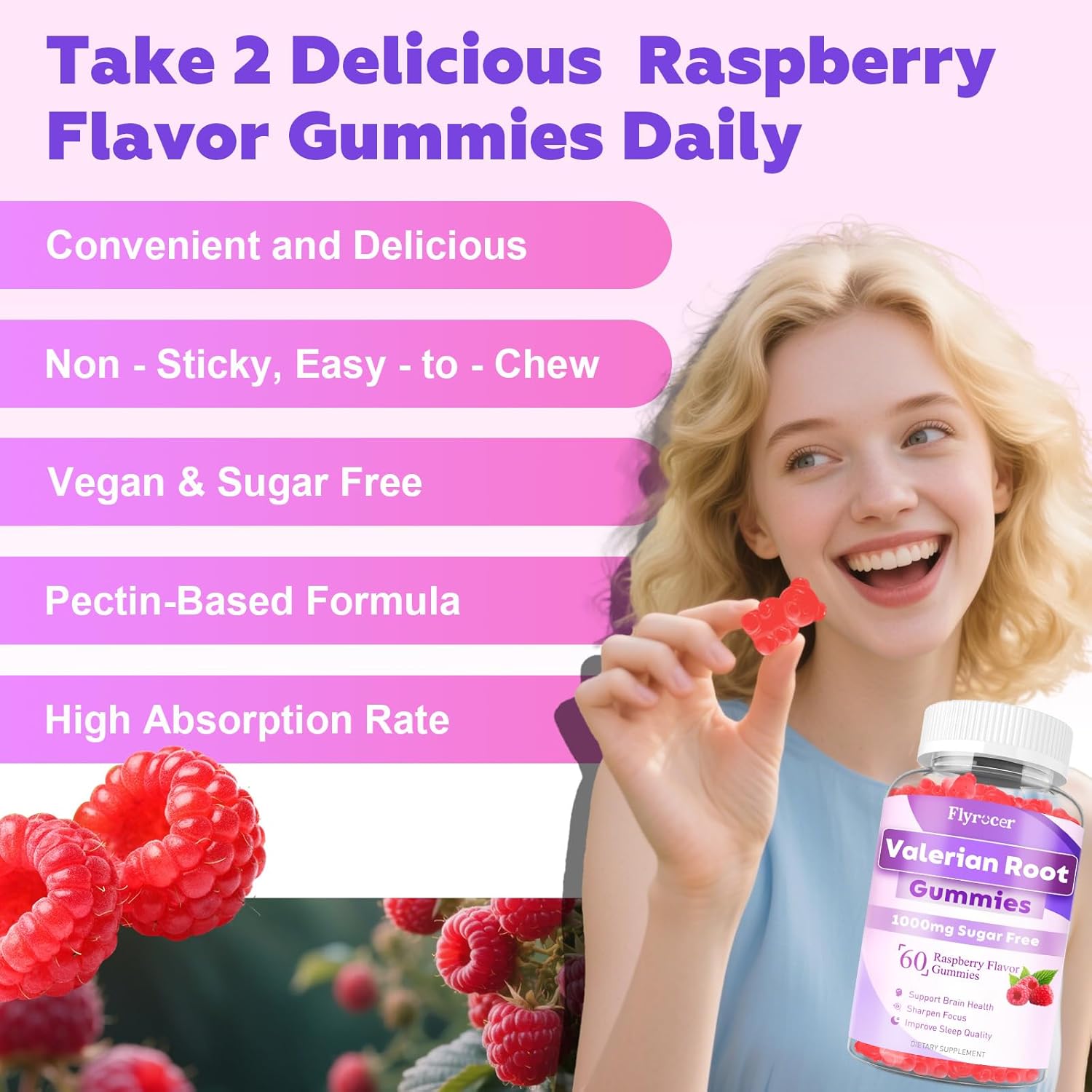 2 Pack Valerian Root Gummies - Sugar Free Valerian Root Supplement for Adults, Herbal Supplement for Relaxation, Calming & Zzz, Vegan, Raspberry Flavor, 120 Count - Image 5