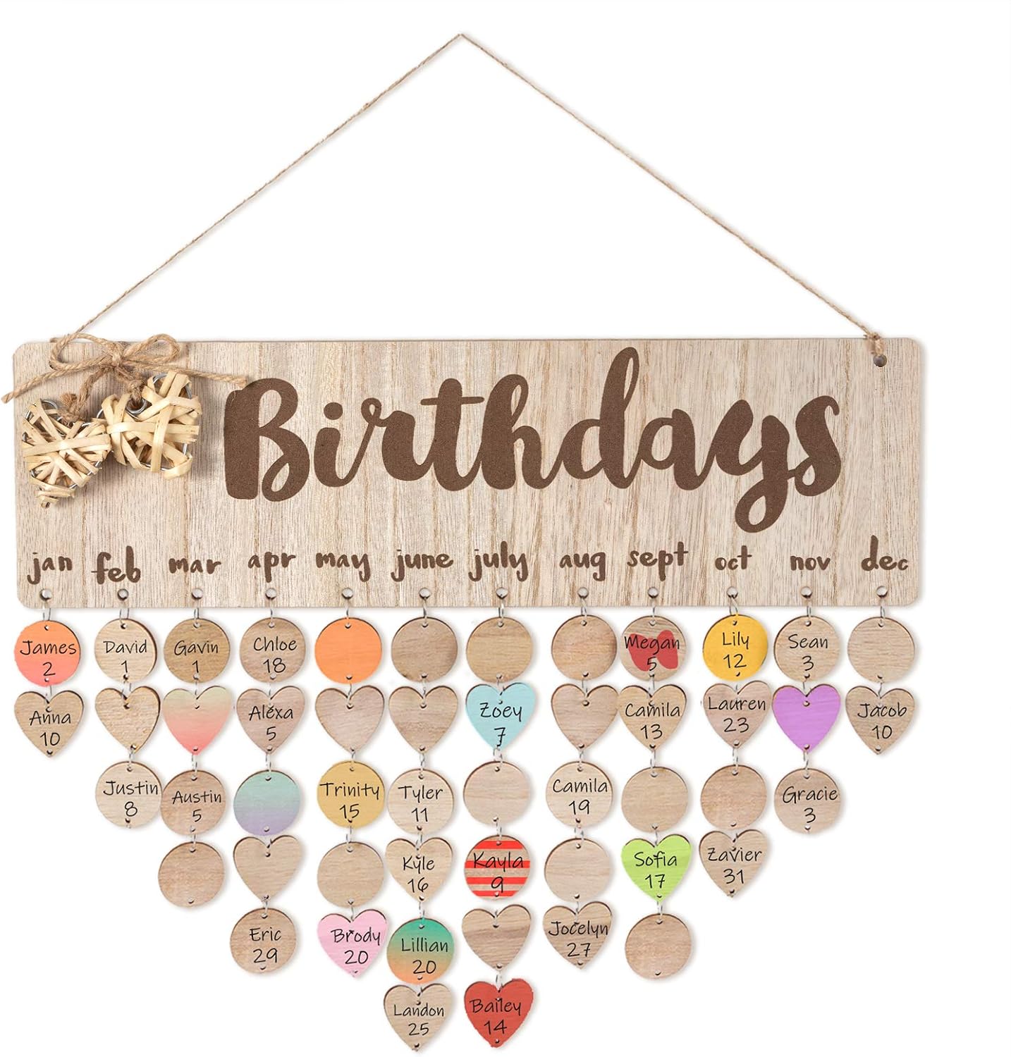 Family Wall Hanging Birthday Calendar Board with 50 Wooden Circle Heart Tags, Wooden Birthday Reminder Tracker Plaque Sign by Month, Family Wall Home Decor,Birthday Gift For Mom, Grandma, Grandparents